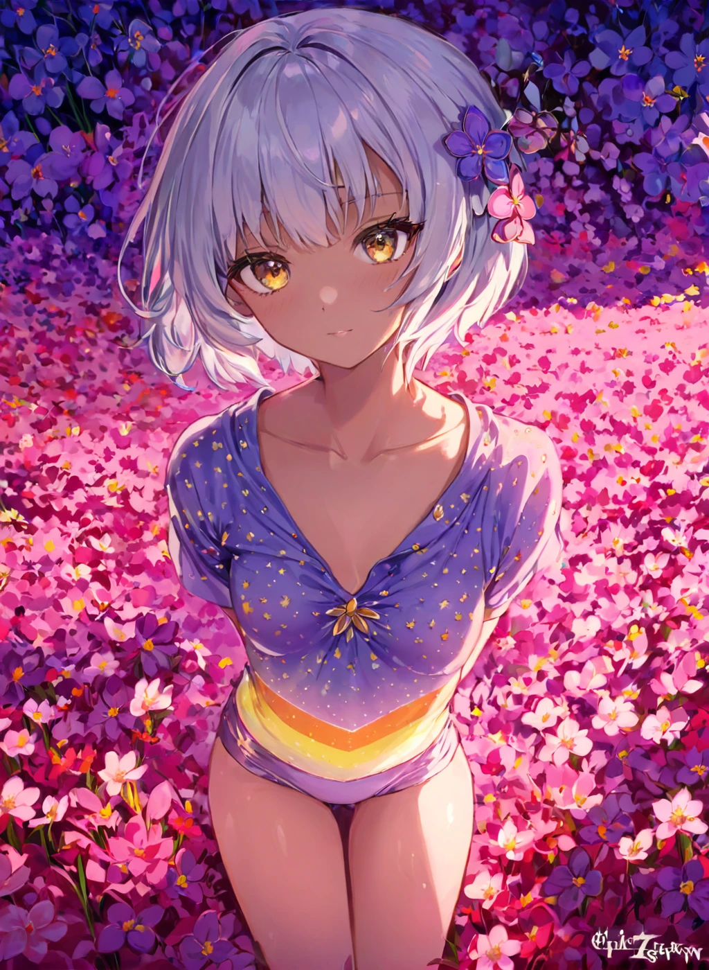 <lora:e7_Style_XL:1.5> e7_style, (masterpiece), best quality, highres, 4k, 8k, intricate detail, cinematic lighting, amazing quality, amazing shading, soft lighting, ultra detailed skin, ultra detailed face, perfect eyes, small skin imperfections, chromatic aberration, colorful, bright colors, [monochrome:(vibrant colours:1.2):0.4], 1girl, Curtain bangs, small boobs, flat chest, Skinny body, black eyes, Silver hair, Detailed Illustration, official artwork, anime style, wallpaper, official art, flower field