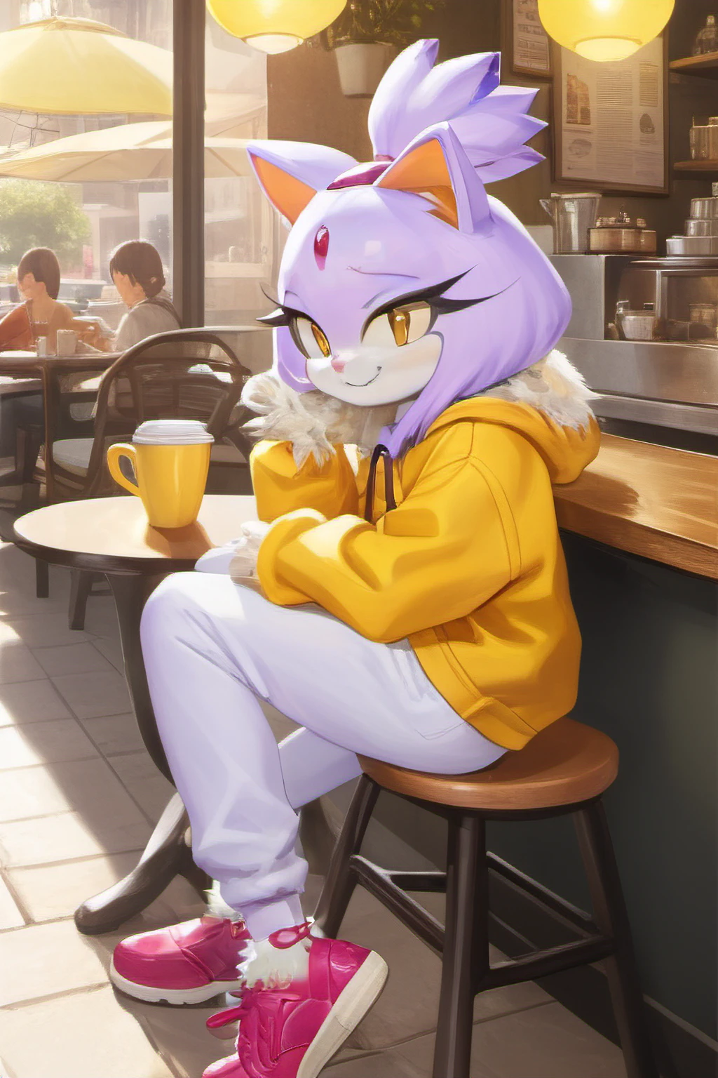 <lora:Blaze the Cat SDXL v8:1>, highres, Best Quality, extreme detail, detailed, textured, masterpiece, Blaze The Cat sitting in a chair at a cafe wearing a yellow hoodie and white sweatpants, 1girl, topknot, brown shoes, relaxed, illustration, painting_(medium), tile floor, polished floors, hanging lights, smiling, white fur trim gloves, anime in real life, photo background, steam, cafe