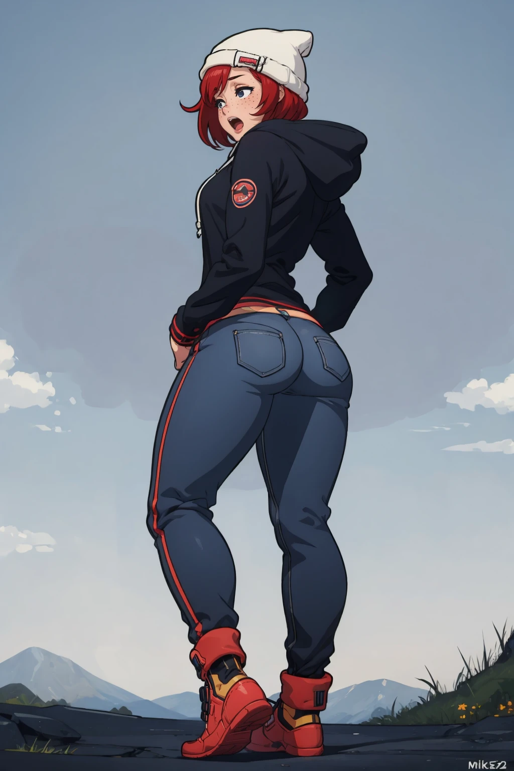 (masterpiece, best quality:1.2),  <lora:mikeinel:1>, mikeinel, 1girl, solo, ass, hat, pants, beanie, short hair, hood, freckles, full body, cold, from behind, hoodie, breath, hood down, pantylines, red hair, open mouth