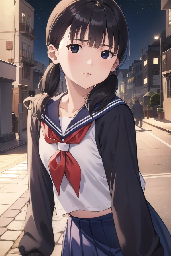 taekojima, <lora:tae kojima manga-lora-nochekaiser:1>,
tae kojima, bangs, twintails, black hair, (black eyes:1.5), low twintails,
BREAK serafuku, school uniform, shirt, blue shirt, blue sailor collar, long sleeves, skirt, blue skirt, neckerchief, red neckerchief,
BREAK outdoors, city, night, sky, starry sky, moon,
BREAK looking at viewer, (cowboy shot:1.5),
BREAK <lyco:GoodHands-beta2:1>, (masterpiece:1.2), best quality, high resolution, unity 8k wallpaper, (illustration:0.8), (beautiful detailed eyes:1.6), extremely detailed face, perfect lighting, extremely detailed CG, (perfect hands, perfect anatomy),