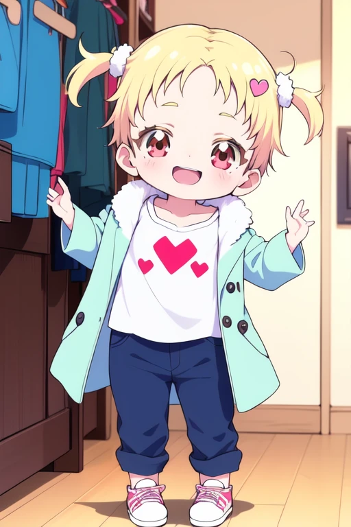 college age, <lora:Hugtan:0.7> Hugtan, 1girl, soro, blonde hair, red eyes, short hair, hair ornament, heart hair ornament, short twintails, , eyelashes, smile, standing, room, open mouth,
long coat, 17 years old, ãlong pants,