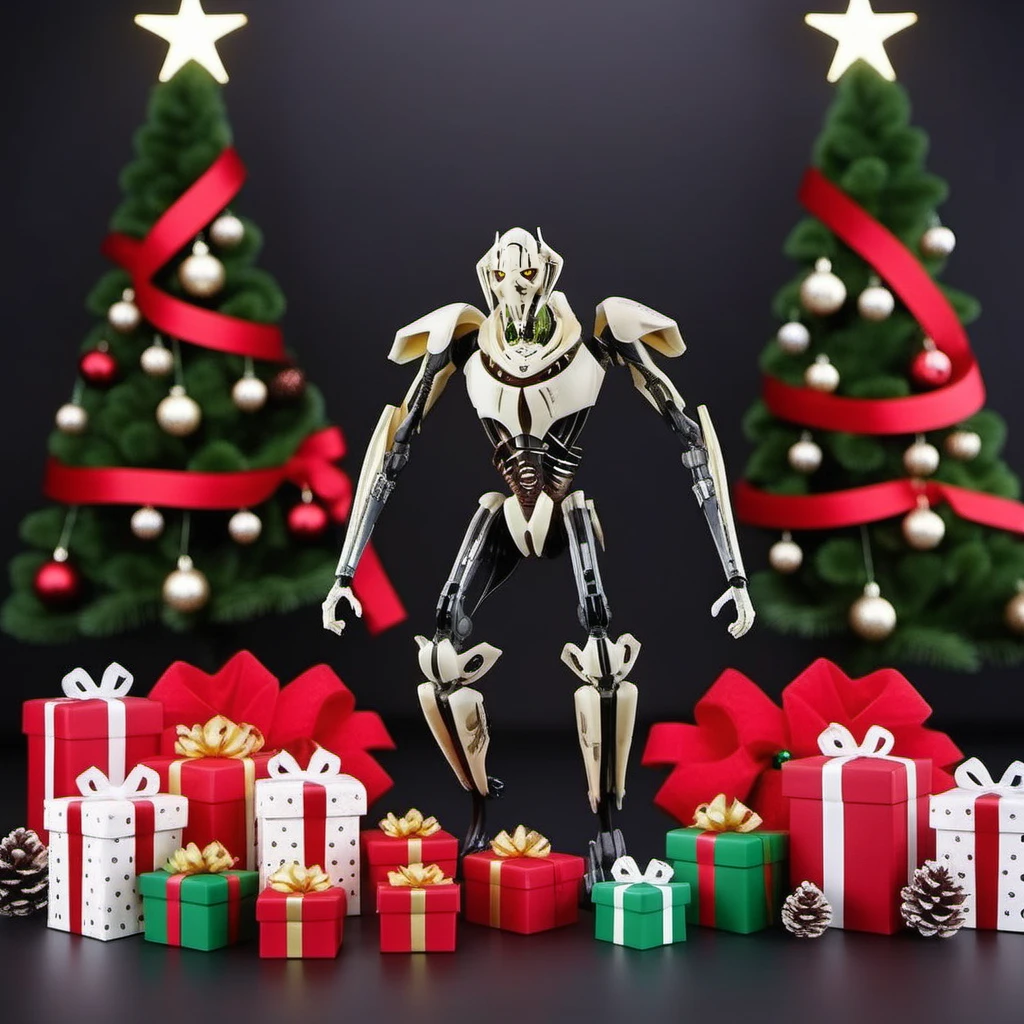 GeneralGrievous1024, a robot with four arms holding gifts, full body, christmas scenery, garlands, gifts, christmas tree, features intricate detail, detailed eyes, highly detailed, photography, ultra sharp, film, bokeh, professional, 4k <lora:GeneralGrievous1024:0.8>