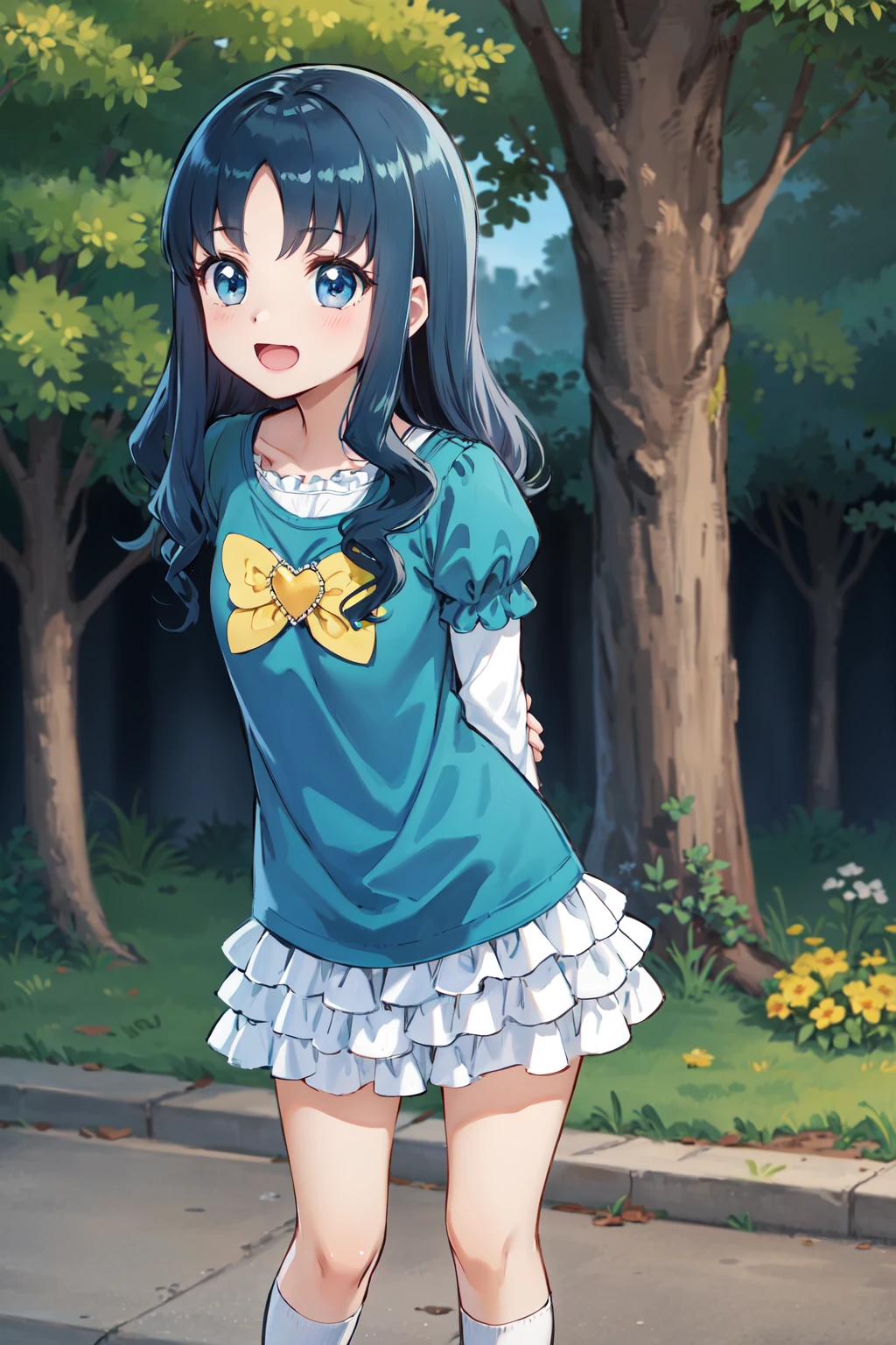 masterpiece,best quality,highres,ultra-detailed,ccerika,blue hair,long hair,heart,heart brooch,yellow bowtie,dress,(blue shirt:1.2),long sleeves,white sleeves,white skirt,frills,socks,(white socks:1.2),boots,brown footwear,<lora:kurumi_erika:0.8>,outdoors,standing,:d,(arms_behind_back:1.2),