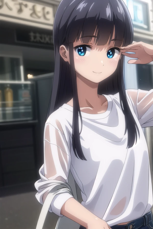 bokunococo, <lora:boku no coco ova-lora-nochekaiser:1>,
coco, long hair, blue eyes, black hair, bangs, blunt bangs, sidelocks, smile,
BREAK shirt, (white shirt:1.5), pants,
BREAK outdoors,
BREAK looking at viewer, (cowboy shot:1.5),
BREAK <lyco:GoodHands-beta2:1>, (masterpiece:1.2), best quality, high resolution, unity 8k wallpaper, (illustration:0.8), (beautiful detailed eyes:1.6), extremely detailed face, perfect lighting, extremely detailed CG, (perfect hands, perfect anatomy),