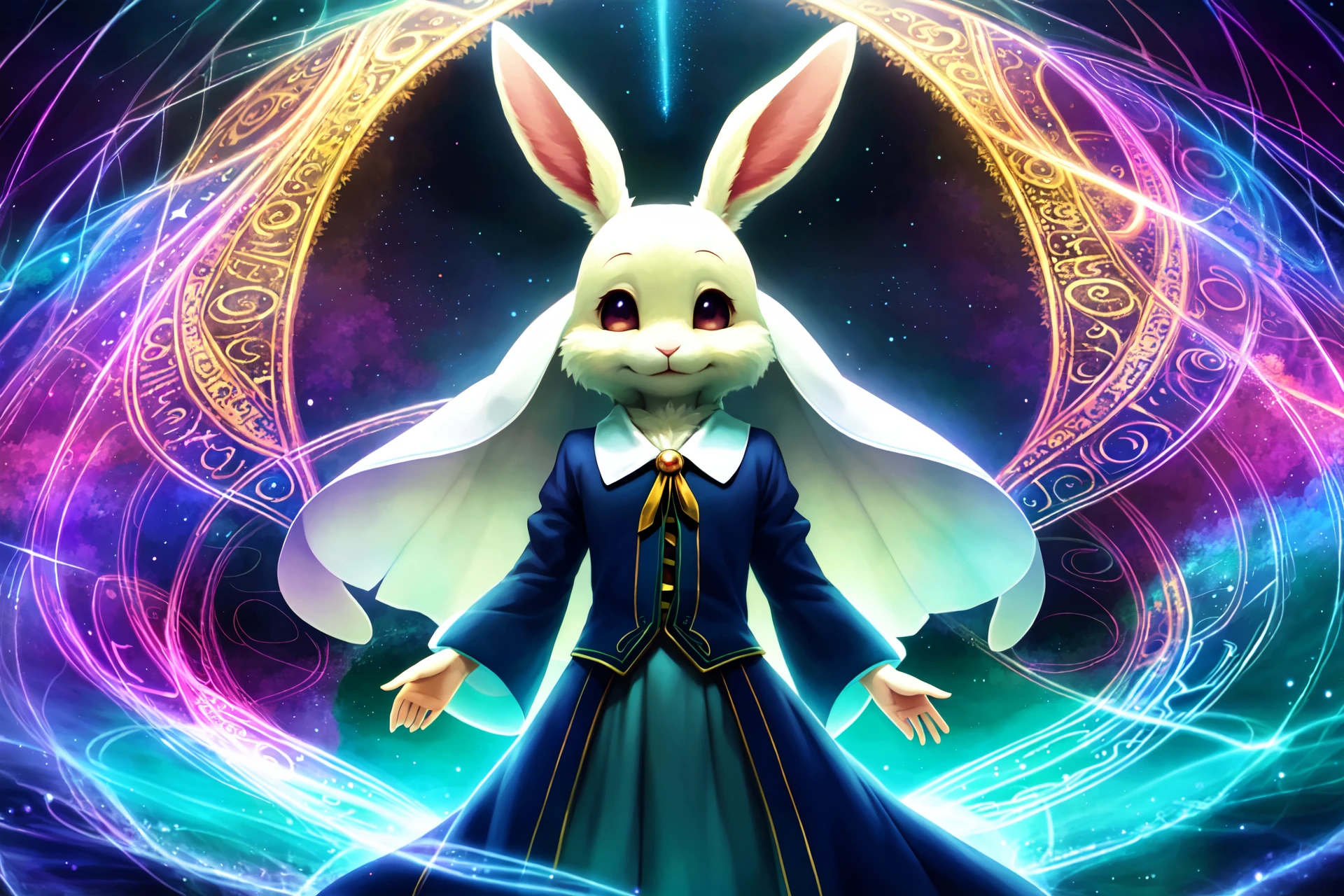 haru, furry female anthro, rabbit girl, white fur, petite, (body fur:1.2), detailed fluffy fur, smile, black eyes, (chibi:0.9), many rings, cute, adorable, (shirt),
best quality, masterpiece, illustration, ultra-detailed, beautiful detailed eyes, (1girl:1.3),
magician, enchanting spell, high-angle view, magical forest, otherworldly beauty, casting pose, invocation effects, soft and ethereal light, fantastical atmosphere, mystical creatures, empowering allies, enhancing abilities, elemental magic, swirling energy, pulsating aura, determination, support, vibrant colors, glowing runes, levitating, swirling leaves, teamwork, magical bonds, protective shield, guiding light, shimmering particles, enchanted surroundings, harmony with nature, hope, wisdom, ancient secrets, celestial beings, arcane knowledge, mystic symbols, spellcasting, elemental forces,
([Very Dark], extreme contrast),
vibrant colors, contrast,
soft lighting, soft shadows, detailed textures, dynamic lighting,
<lyco:haru-v1-locon:0.6>