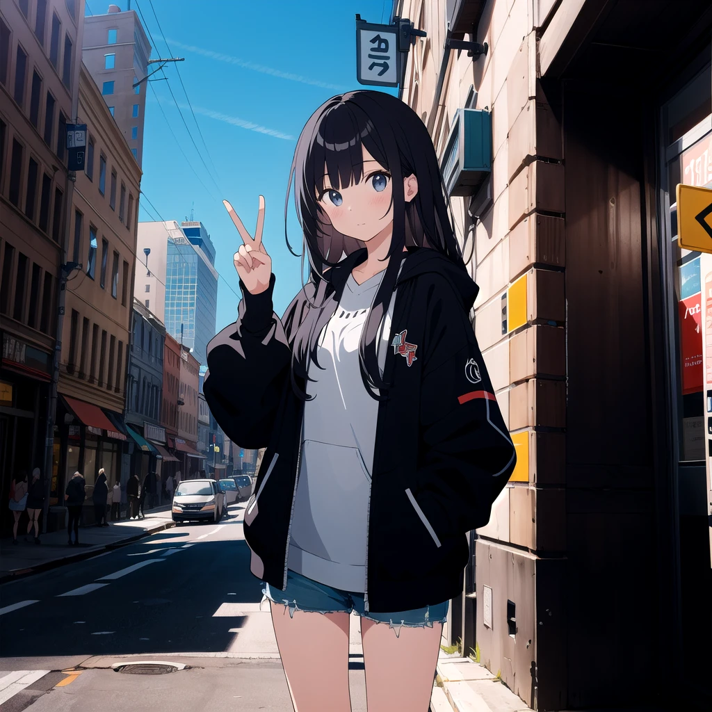 extremely detailed, detailed background, 1girl, solo, city, peace Sign,