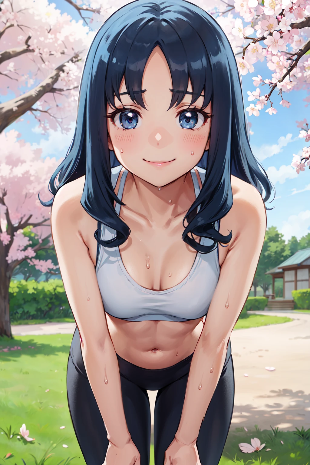 masterpiece,best quality,highres,ultra-detailed,bberika,blue hair,long hair,<lora:kurumi_erika:0.8>,sports bra,(leggings:1.2),outdoors,cherry blossoms,smile,sweat,leaning forward,hands_on_own_knees,small breasts,