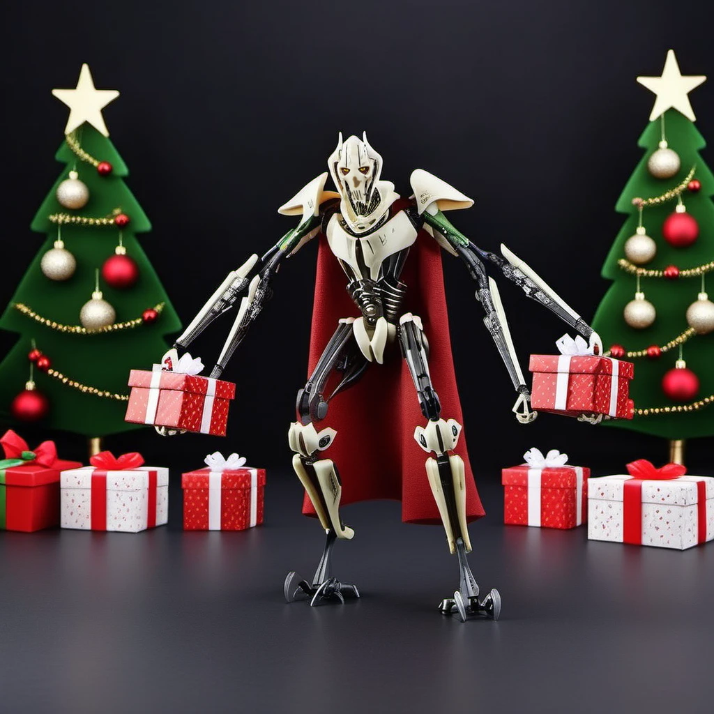 GeneralGrievous1024, a robot with four arms holding gifts, full body, christmas scenery, garlands, gifts, christmas tree, features intricate detail, detailed eyes, highly detailed, photography, ultra sharp, film, bokeh, professional, 4k <lora:GeneralGrievous1024:0.8>