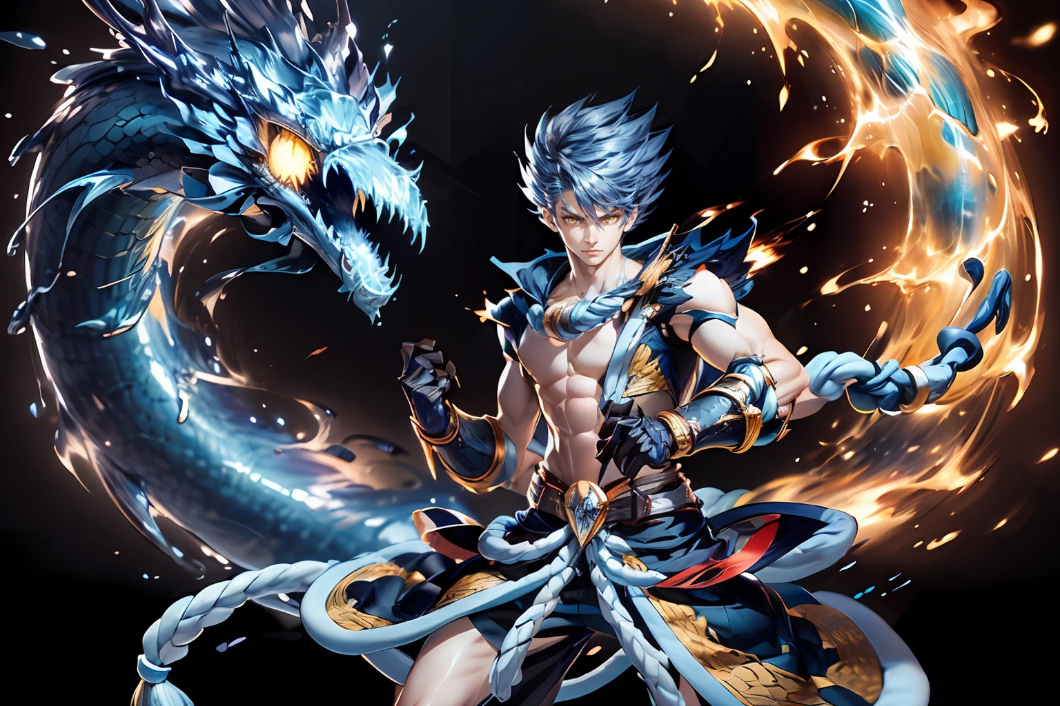 (masterpiece, best quality, official art), 1boy, blue hair, (yellow eyes:1.2), energetic, ragnarok_df, wearing gloves, hands burning, (clenched hands:1.2), <lora:ragnarok_online_df-07:1>, blue dragon behind her, blue flaming dragon, cowboy shot, looking at viewer, (east asian architecture:1.1), intricate details, dynamic colors, <lora:add_detail:0.7>