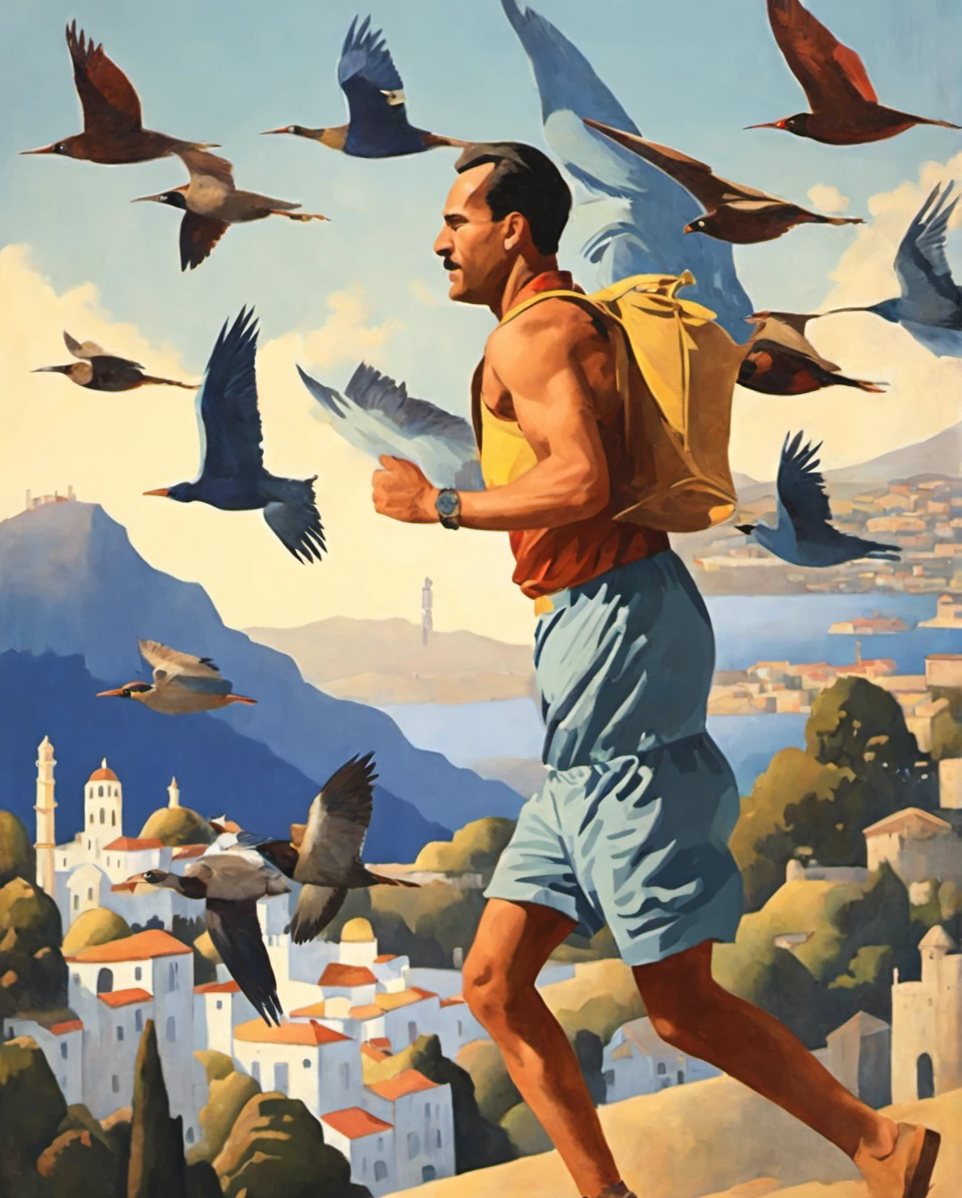 ihap hulusi görey style,a man running with a bunch of birds on his shoulder, 8k,highly detailed,cargo depot in a impossible,cheerful fantasy hillside metropolis edge of time,masterpiece, this artwork blurs the boundaries between realism:1.1 and abstraction:1.1,transforming geometric shapes:1.1 into a surreal and paradoxical landscape:1.2,<lora:ihap_xl:1>