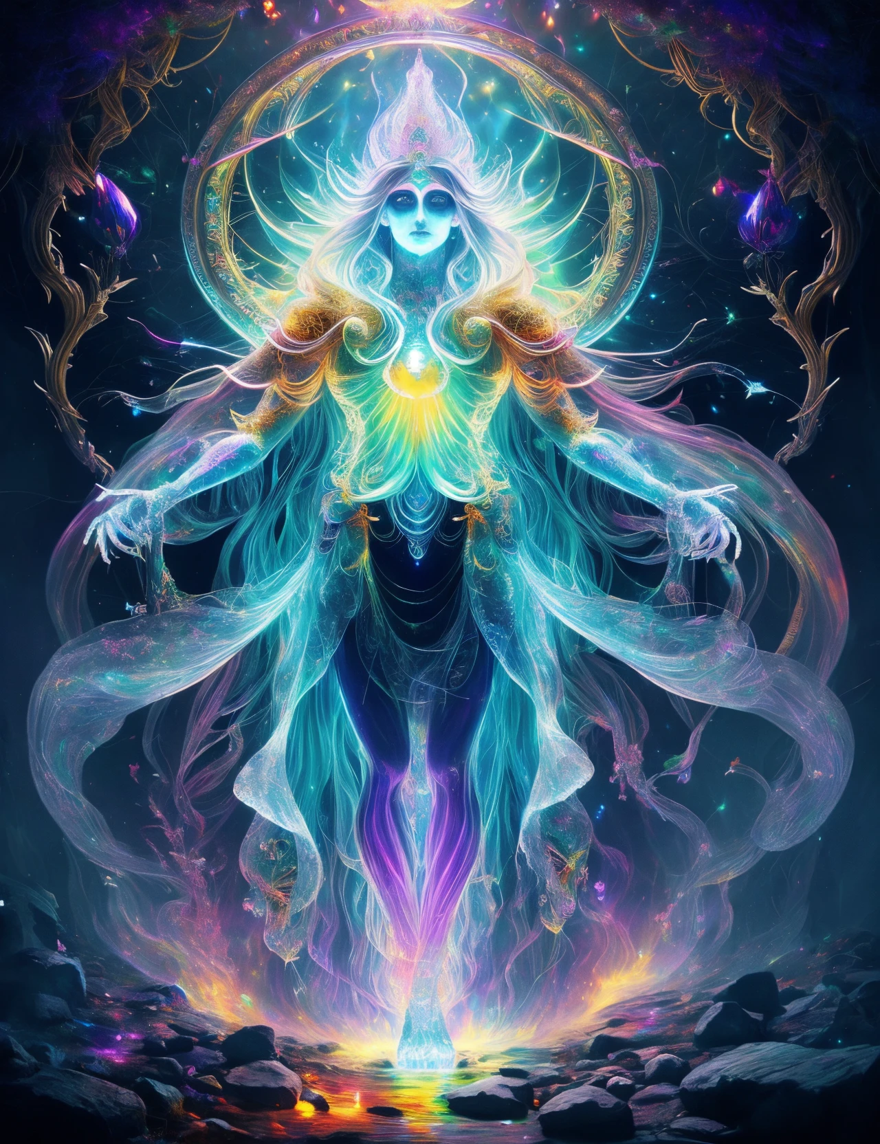 hyper detailed masterpiece, dynamic, awesome quality,DonMSp3ctr4l,vibrant spectral,marid, Supernatural entity from Hindu mythology, inhabits a corpse, possesses immense knowledge, insight and foretell the future, occult rituals, cunning nature <lora:DonMSp3ctr4l-000008:0.8>