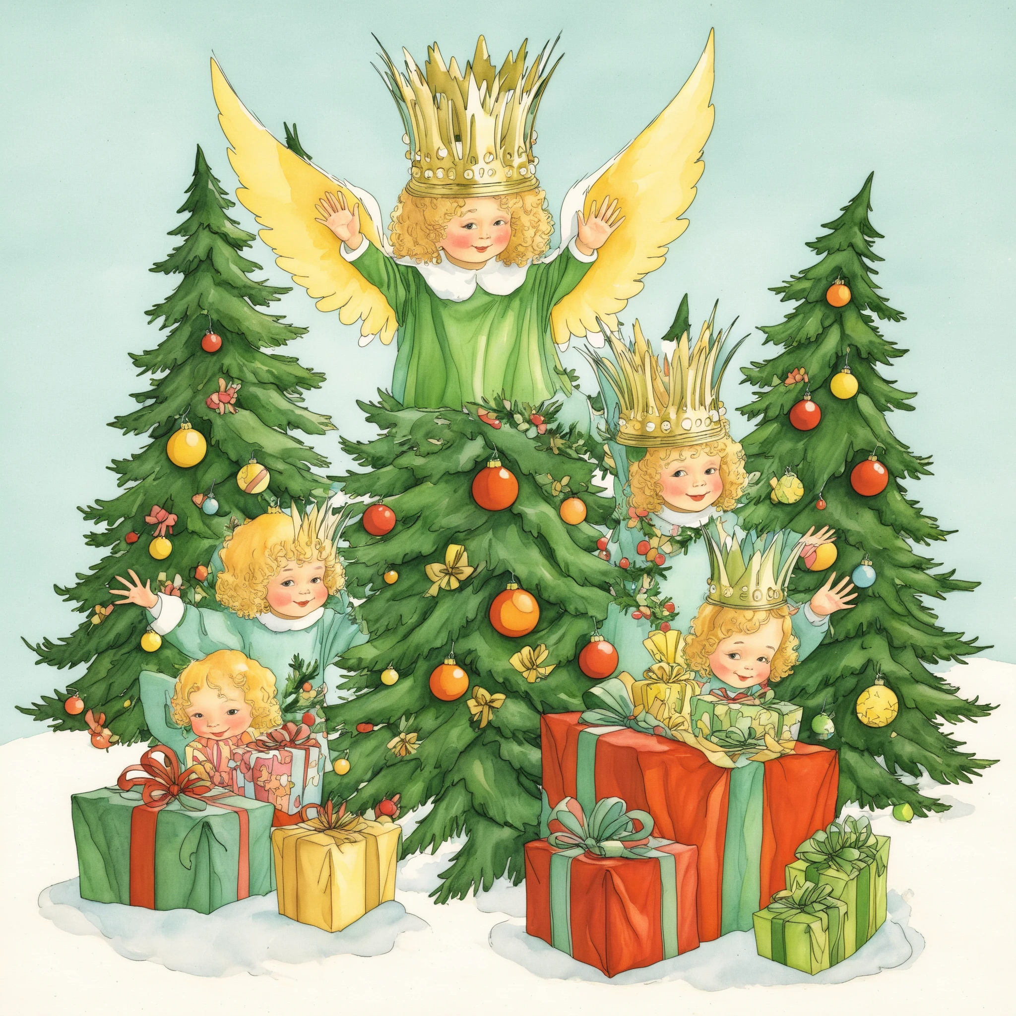 christkind, child, wings, crown, christmas tree, gifts, illustration <lora:Christkind_for_SDXL-000006:1>
