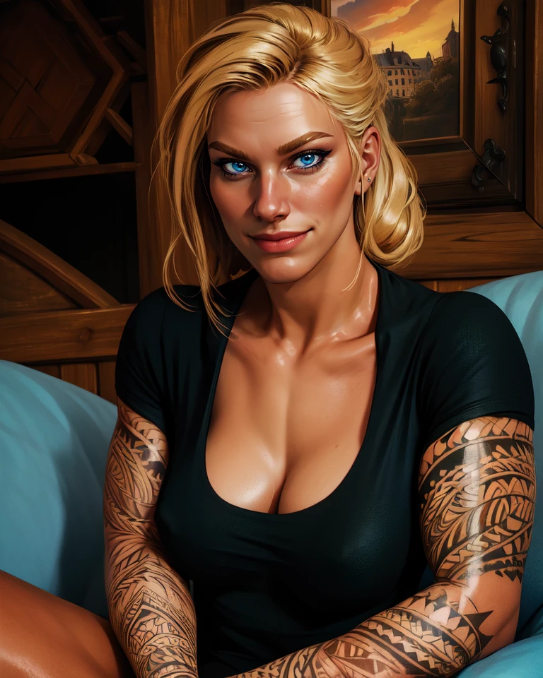 valkyrie,blue eyes,blonde  hair,arm tattoos. hair bun,
black shirt,muscular,medium breasts,shoulder tattoo,
solo,smile,cleavage,
sitting,upper body,
country,town,
(insanely detailed, beautiful detailed face, masterpiece, best quality),<lora:valkyrieRSS-10v7:0.5>,