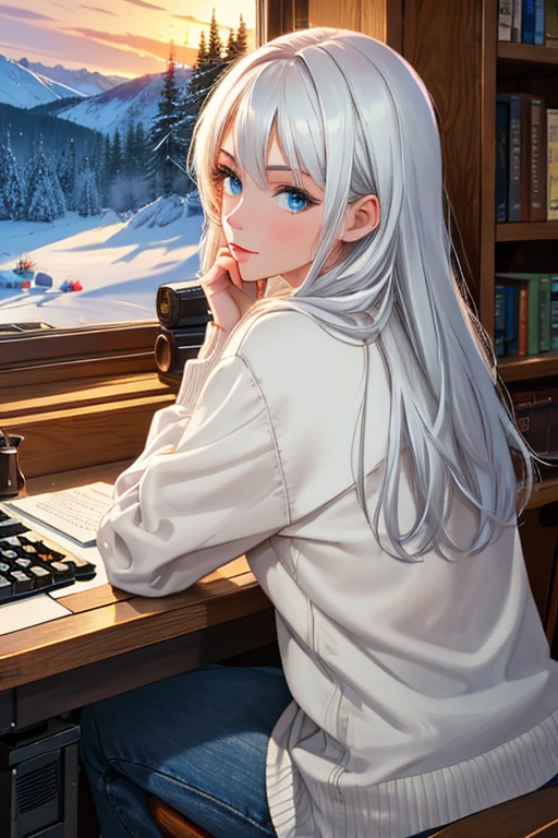 from behind close up portrait, over the shoulder shot, sophisticated, looking at viewer, typewriter on table, beautiful|attractive sitting 1girl with long white hair, typing novelist, open window, snowy cabin interior, bookshelf, sunrise, calming, cool peaceful vibes, masterpiece, ultra-detailed, absurdres