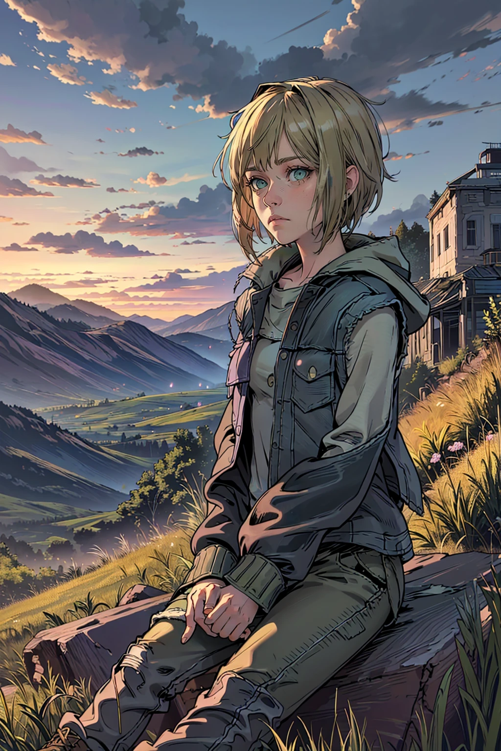 1girl, blonde hair, closed mouth, sleeveless denim jacket, green eyes, purple shoe laces, realistic, solo, violettwd, long sleeves, green eyes, beautiful eyes, masterpiece, high res, <lora:VioletV1.4:0.8>, pants, mountain background