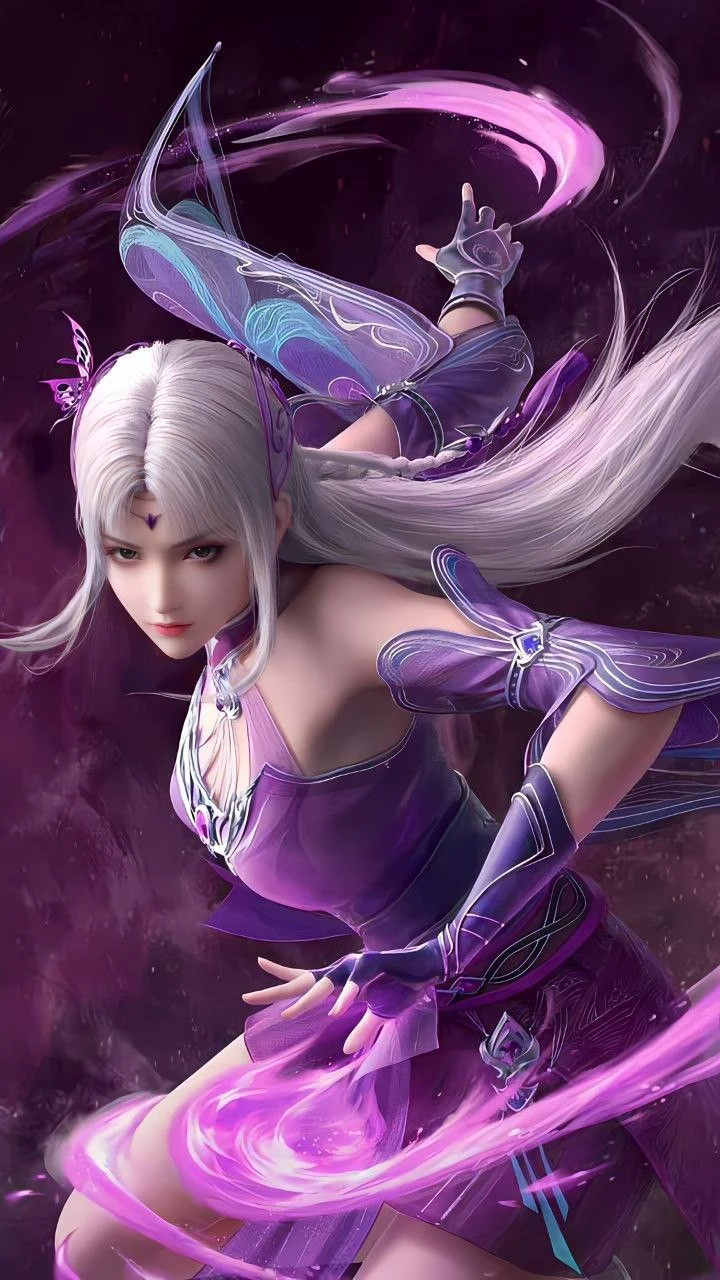 a girl, purple dress, white hair, fighting 