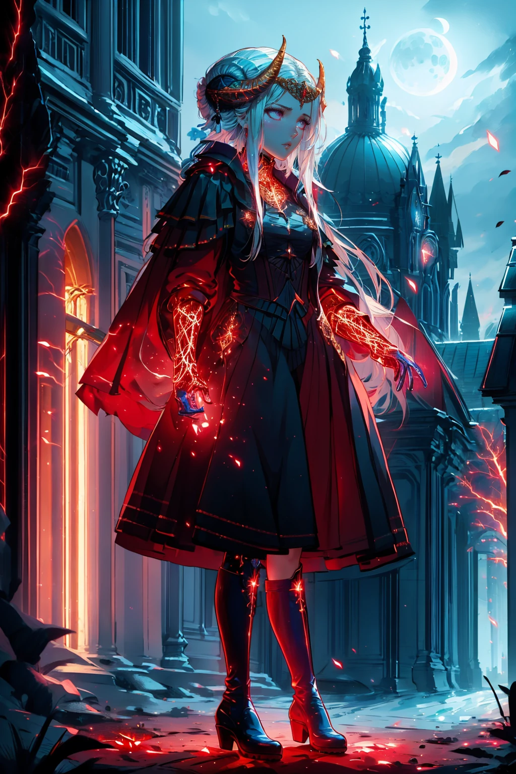 masterpiece, best quality, <lora:glowingveins-nvwls-v1-000012:1> 1girl, glowingveins, red theme, glowing veins, <lora:edelgard-nvwls-v1-final:0.8> edelgard_timeskip, crown, horns, red dress, red gloves, black boots, moon, furrowed brow, aura