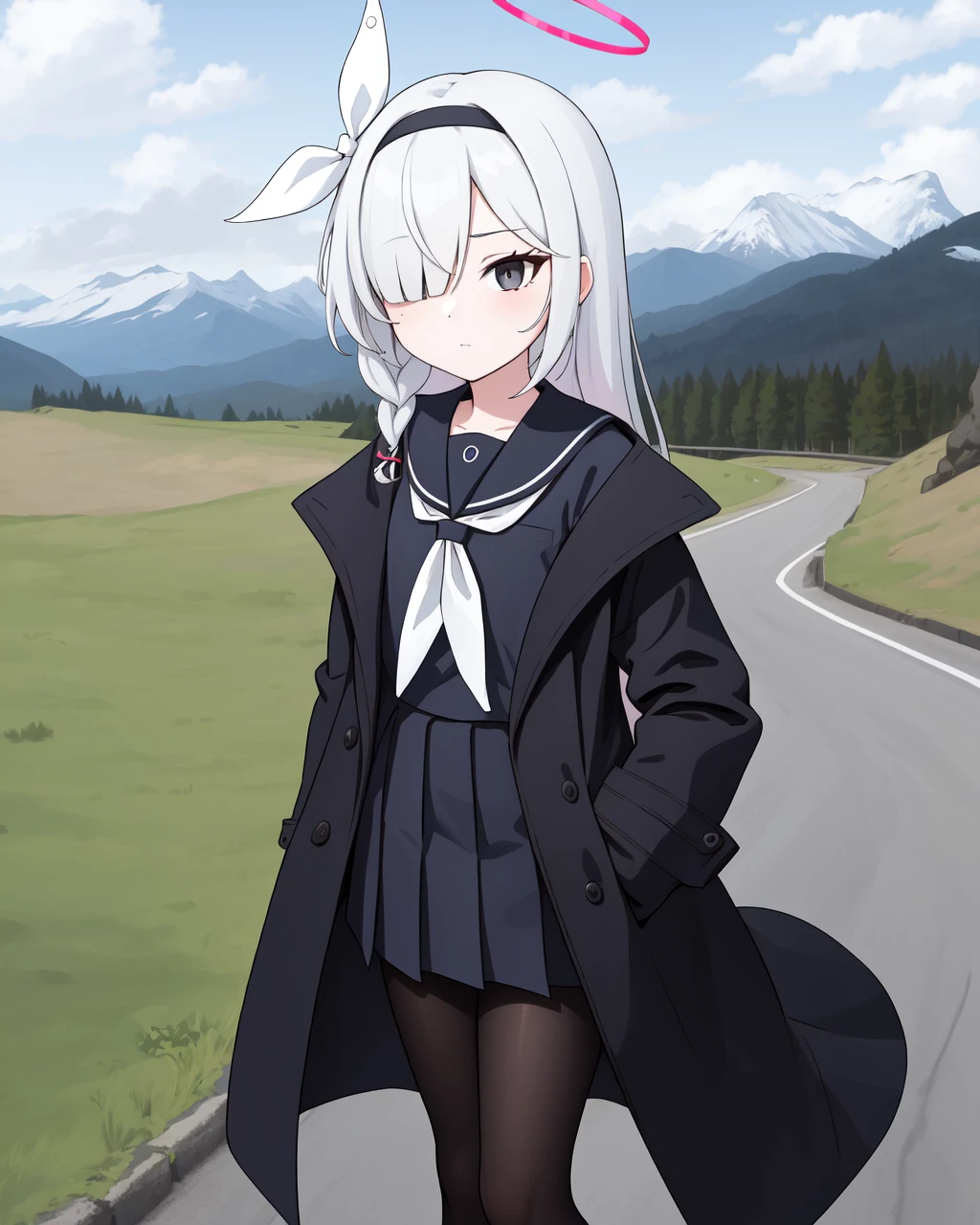 1girl, solo, long hair,  bangs, skirt, long sleeves, ribbon,  school uniform,  grey eyes, jacket,  hair ribbon,  braid, white hair, pantyhose, pleated skirt, hairband, open clothes,  black skirt, sailor collar, black footwear, hair over one eye, coat, neckerchief, sleeves past wrists, black pantyhose, , halo,  black coat, plana (blue archive), , standing, outdoors, mountain, sky, 8K, masterpiece, beautiful