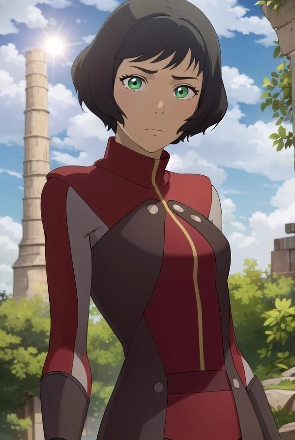 avataropal, <lora:avatar opal-lora-nochekaiser:1>,
opal, short hair, black hair, (green eyes:1.2), dark skin, dark-skinned female,
BREAK gloves, boots, fingerless gloves, uniform, turtleneck, (red uniform:1.5),
BREAK outdoors, forest, nature, grass, trees, sun, sky, clouds,
BREAK looking at viewer, (cowboy shot:1.5),
BREAK <lyco:GoodHands-beta2:1>, (masterpiece:1.2), best quality, high resolution, unity 8k wallpaper, (illustration:0.8), (beautiful detailed eyes:1.6), extremely detailed face, perfect lighting, extremely detailed CG, (perfect hands, perfect anatomy),