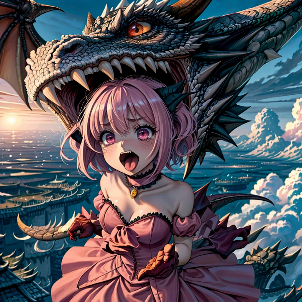 <lora:LCM_LoRA_Weights_SD15:1>,masterpiece,best quality,highly detailed,1girl and dragon,scared,panicking,constricted pupils,screaming,raised eyebrows,wide-eyed,crying,tears,
<lora:momomiya_ichigo_v2:0.75>,blush,bow,cat girl,cat tail,choker,cleavage,detached sleeves,dress,gloves,large breasts,magical girl,mi1,pink choker,pink dress,puffy detached sleeves,puffy sleeves,red gloves,ribbon,tail,tail bell,tail bow,tail ornament,short hair,pink hair,
BREAK
<lora:preyMonster:0.5>,dragonPrey,monster,open mouth,fangs,fantasy,dragon fangs,wings,city,skyscraper,dragon flying,(giant dragon,between buildings,buildings),(((tongue,tongue out,size difference,oversized animal,dragon open mouth,girl in dragon mouth))),
