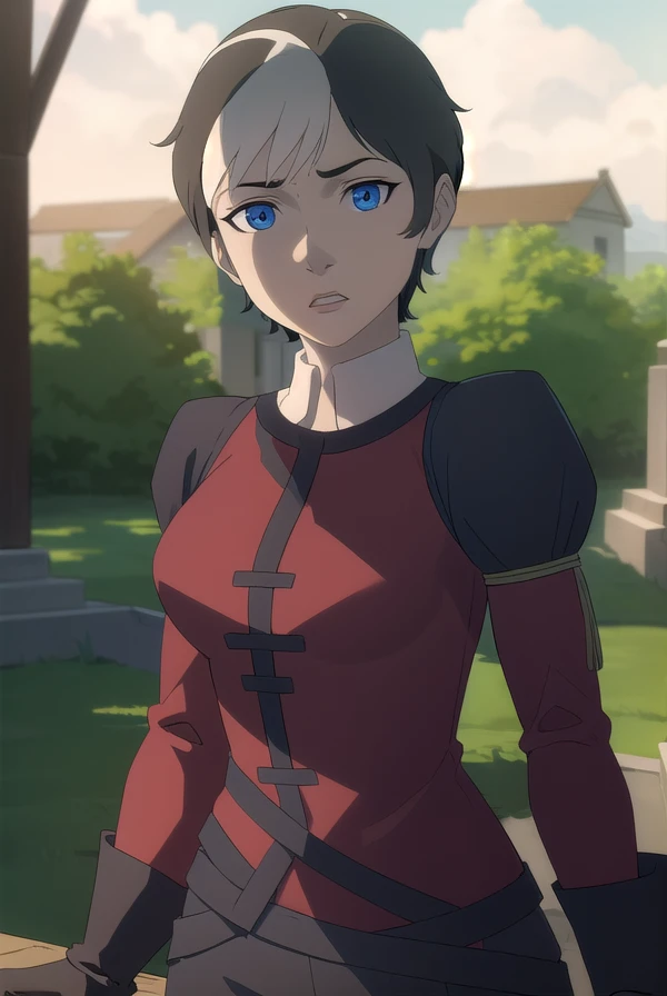 cassandraderolo, <lora:cassandra de rolo-lora-nochekaiser:1>,
cassandra de rolo, short hair, blue eyes, black hair, white hair, multicolored hair, two-tone hair,
BREAK gloves, black gloves, pants, puffy sleeves, long sleeves, shirt, red shirt, high collar,
BREAK outdoors, forest, nature, grass, trees, sun, sky, clouds,
BREAK looking at viewer, (cowboy shot:1.5),
BREAK <lyco:GoodHands-beta2:1>, (masterpiece:1.2), best quality, high resolution, unity 8k wallpaper, (illustration:0.8), (beautiful detailed eyes:1.6), extremely detailed face, perfect lighting, extremely detailed CG, (perfect hands, perfect anatomy),