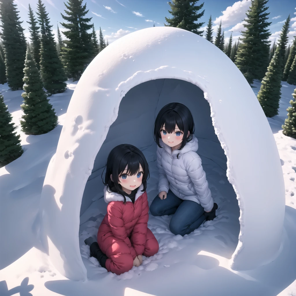 in snow igloo, 2 girls, winter clothes, long pants, boots, squat <lora:kamakura-002_0.7:1>