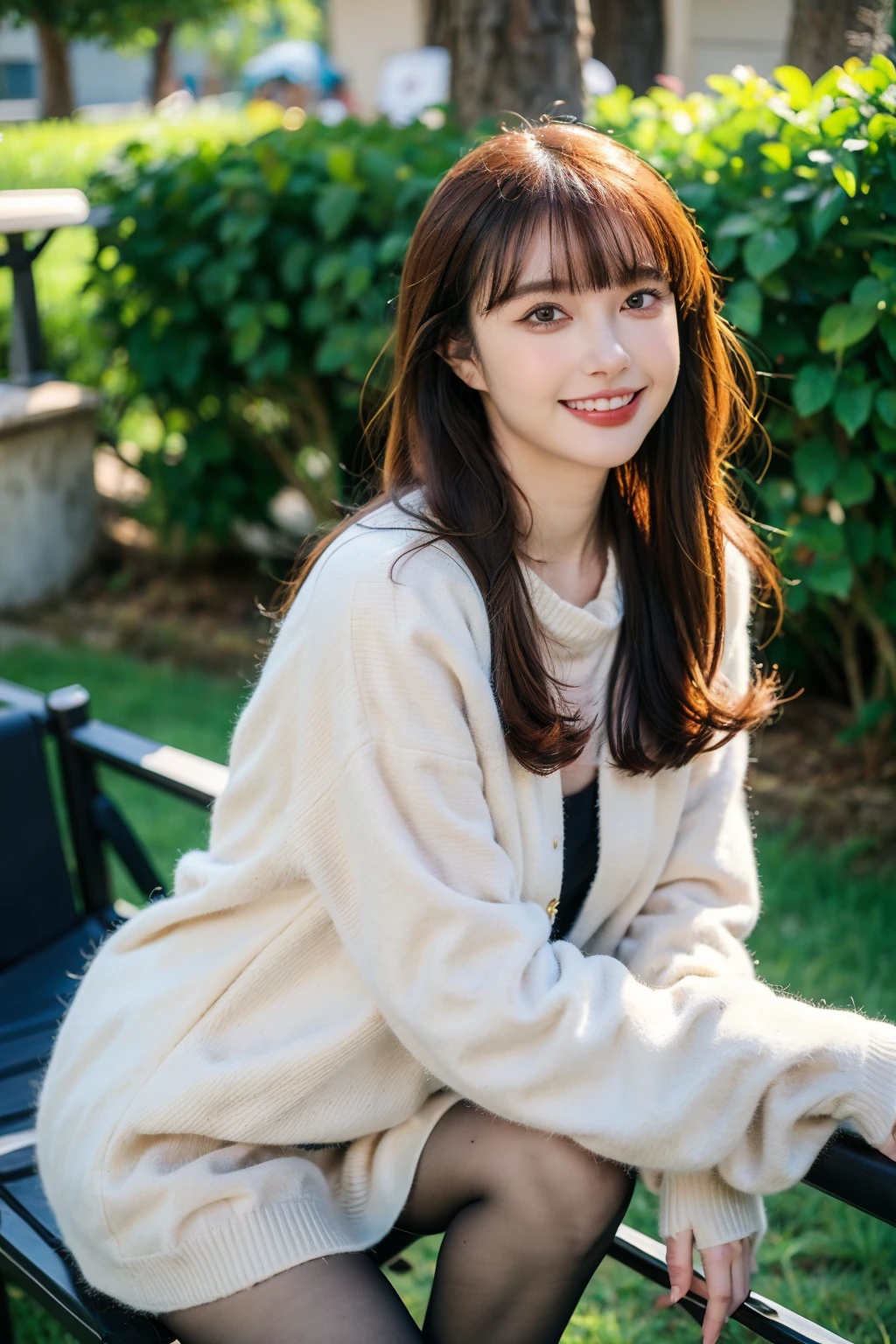 1girl,((realistic)), ((hyperrealism)),((best quality)), (((masterpiece))),((ultra high res)),((ultradetailed)), (photorealistic:1.4), idol, (looking at viewer:2), detailed face,detailed eyes,
wide shot, panorama, cowboy shot, flat chest, dynamic pose, dynamic angle, (slim body, slim legs),
outdoors, grin, teeth, long straight hair, sweater dress, scarf, pantyhose,<lora:nrmm:0.8>