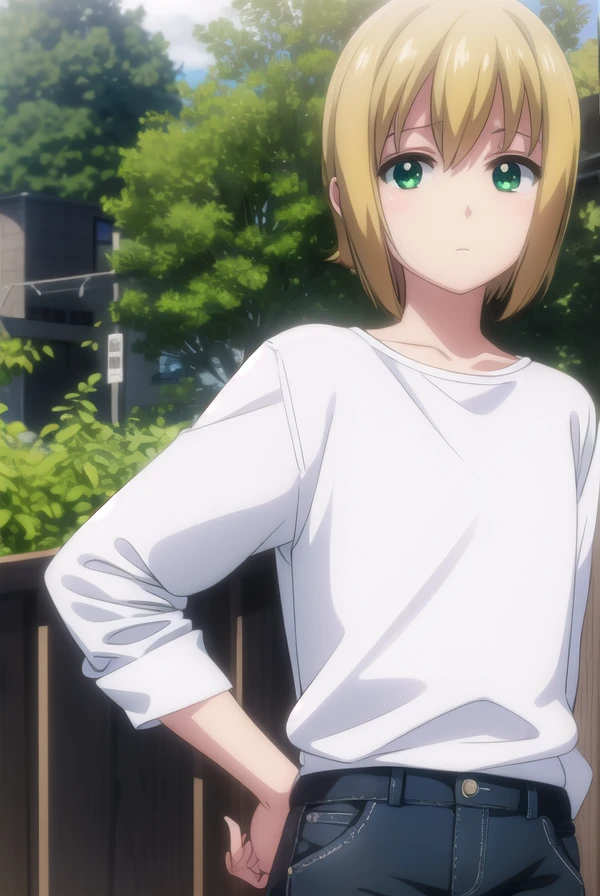 bokunopico, <lora:boku no pico ova-lora-nochekaiser:1>,
pico, short hair, (green eyes:1.5), blonde hair, male focus,
BREAK shirt, (white shirt:1.5), pants,
BREAK outdoors,
BREAK looking at viewer, (cowboy shot:1.5),
BREAK <lyco:GoodHands-beta2:1>, (masterpiece:1.2), best quality, high resolution, unity 8k wallpaper, (illustration:0.8), (beautiful detailed eyes:1.6), extremely detailed face, perfect lighting, extremely detailed CG, (perfect hands, perfect anatomy),