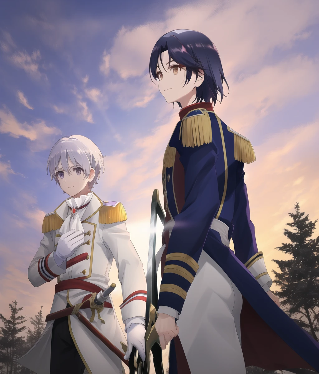 SionT, AbelT, 2boys, outdoors, epaulettes, day, sky, uniform, holding swords, tree, black pants, coat, smile, long sleeves, vest, looking at another, from side, face to face,
BREAK
SionT, military uniform, epaulettes, white gloves, holding sword,
BREAK
AbelT, military uniform, epaulettes, holding sword,
<lora:tearmoon-diag_oft-bundle-30000:1:1:lbw=1,0,0,0,0,0,0,0,0,0,0,0,0,0,0,0,0,1,1,1,1,1,0,0,0,0>, <lora:kohakuV5_rev2:0.4>, <lora:Pastel-Mix:0.4>