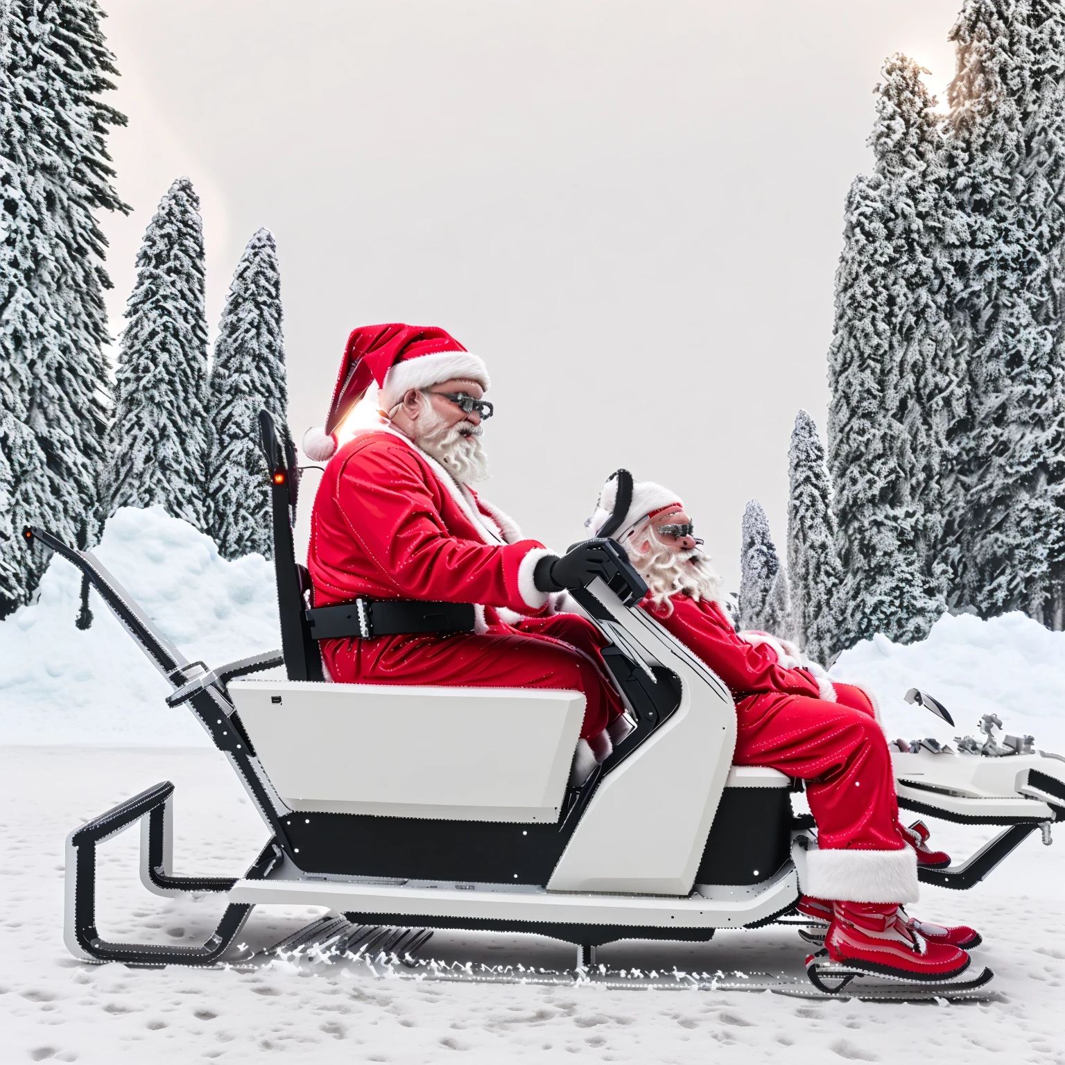 santasride is a futuristic white sportcar with sleigh skids, santa is driving, side view