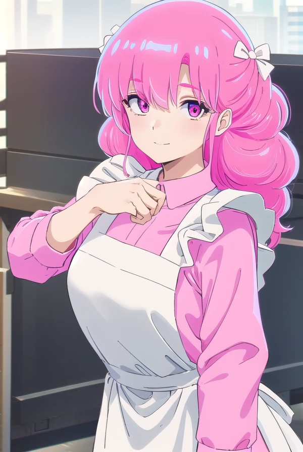 uruseiyatsuraran, <lora:urusei yatsura ran s1-lora-nochekaiser:1>,
ran, long hair, bangs, pink hair, bow, hair bow, red bow, (pink eyes:1.5), smile,
BREAK long sleeves, apron, (white apron:1.5), shirt, (pink shirt:1.5), frills, long sleeves,
BREAK outdoors,
BREAK looking at viewer, (cowboy shot:1.5),
BREAK <lyco:GoodHands-beta2:1>, (masterpiece:1.2), best quality, high resolution, unity 8k wallpaper, (illustration:0.8), (beautiful detailed eyes:1.6), extremely detailed face, perfect lighting, extremely detailed CG, (perfect hands, perfect anatomy),