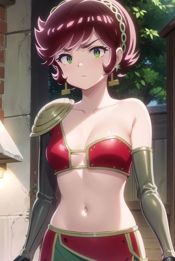 uruseiyatsurabenten, <lora:urusei yatsura benten s1-lora-nochekaiser:1>,
benten, short hair, (green eyes:1.5), red hair, hairband,
BREAK armor, bikini armor,
BREAK outdoors,
BREAK looking at viewer, (cowboy shot:1.5),
BREAK <lyco:GoodHands-beta2:1>, (masterpiece:1.2), best quality, high resolution, unity 8k wallpaper, (illustration:0.8), (beautiful detailed eyes:1.6), extremely detailed face, perfect lighting, extremely detailed CG, (perfect hands, perfect anatomy),