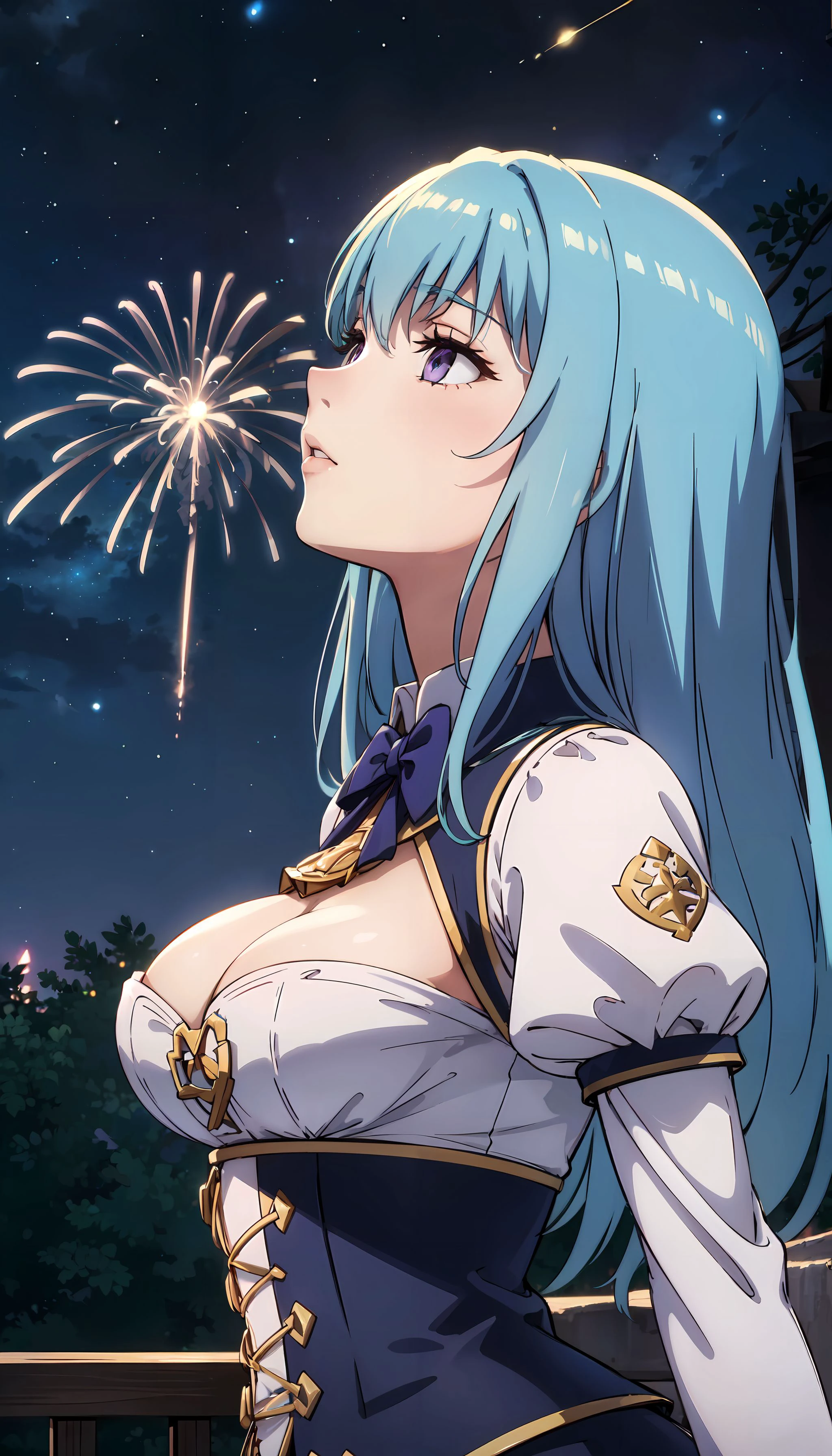 photorealistic, (4k), depth of field, (Masterpiece), (realistic skin texture), extremely detailed, intricate, hyper detailed, high resolution, professional photography, bokeh, sharp detail, best quality, woman, black dress, black corset, white sleeves, frilled dress, blue hair, purple eyes, <lora:Eris-000004:0.7> , making eye contact, <lora:GoodHands-vanilla:0.8> <lora:BetterFeet:0.8> , (night sky:1.5),stars, (aerial fireworks), looking up,