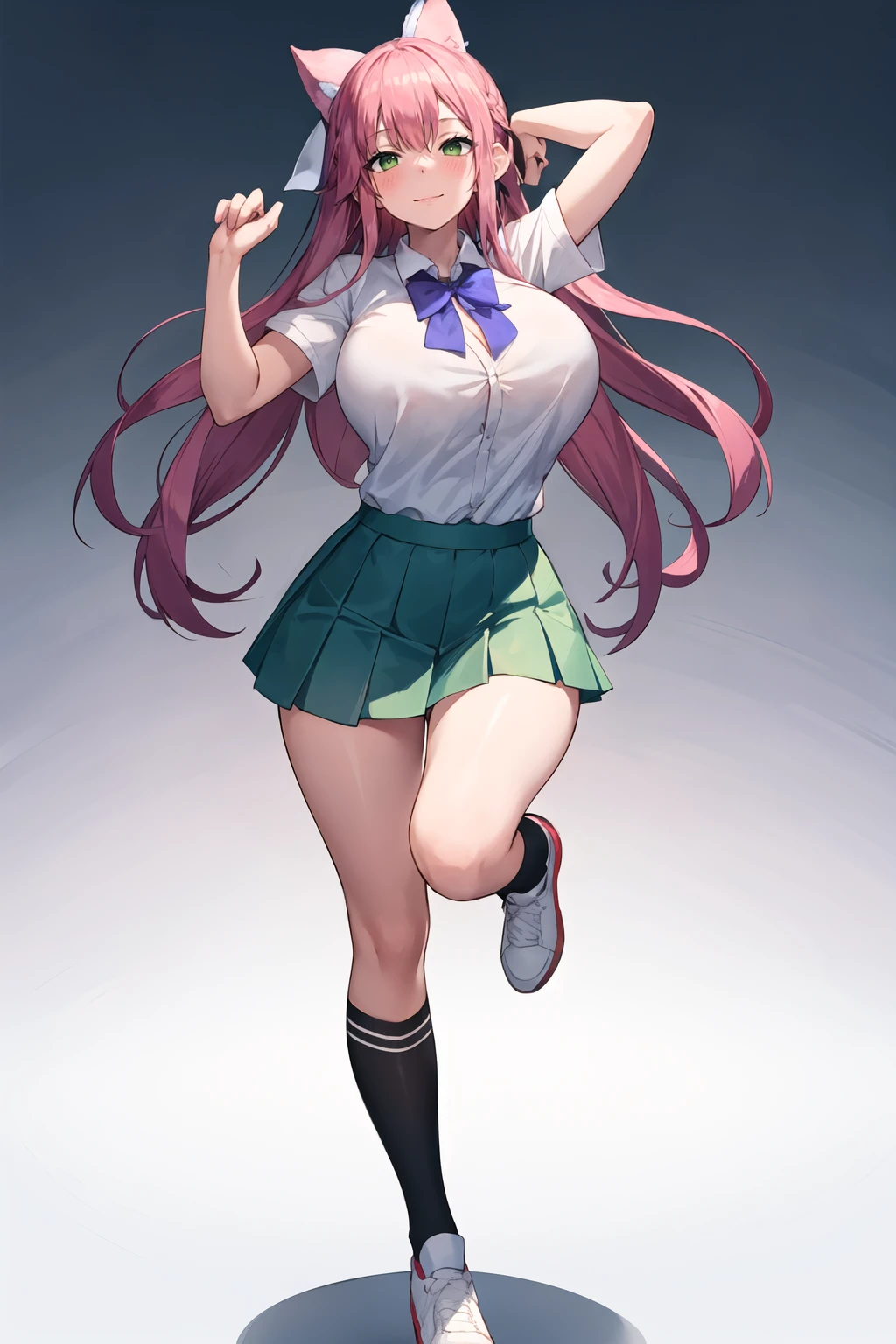 masterpiece, best quality, 1girl, solo, long hair, breasts, looking at viewer, blush, smile, bangs, skirt, large breasts, simple background, shirt, white background, bow, closed mouth, school uniform, green eyes, standing, full body, white shirt, pink hair, short sleeves, pleated skirt, shoes, socks, collared shirt, miniskirt, bowtie, huge breasts, arm up, gradient, kneehighs, gradient background, white footwear, standing on one leg, green skirt, black socks, purple bow, shirt tucked in, uwabaki, purple bowtie, tented shirt <lora:Touwa-Nikuman-Style-v1_117360:1>