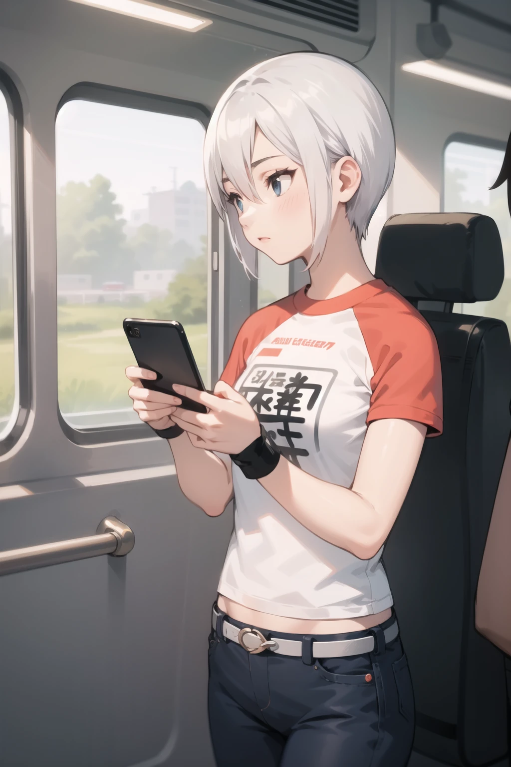 <lora:acashley-000045:1> ashley mizuki robbins, (raglan sleeves:1.1), short sleeves, cropped shirt, denim,
1girl, smartphone, looking at phone, train interior