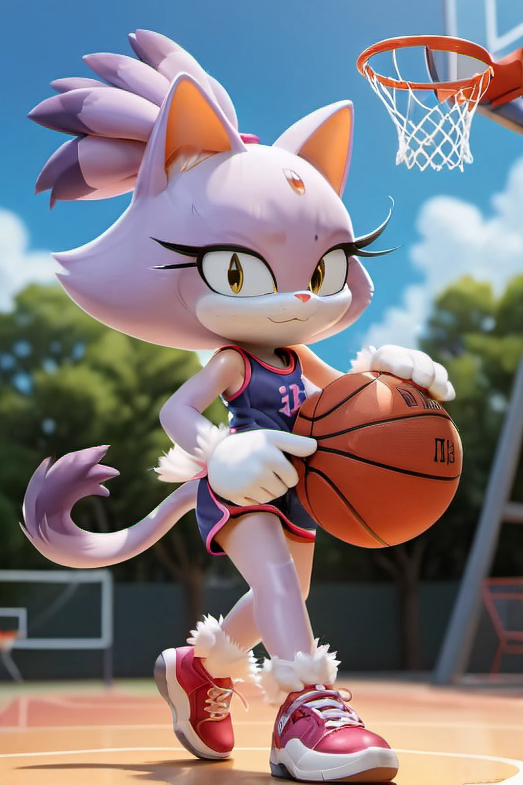 <lora:Blaze the Cat SDXL v8:1>, highres, Best Quality, (from side:1.3), foot up, leg up, extreme detail, detailed, textured, masterpiece, Blaze The Cat playing basketball, running, dribbling \(basketball\), movement blur, blur, afterimage, 1girl, masterpiece, basketball uniform, basketball, no undershirt, basketball court, outside, blue sky, basketball hoop, tail, sweat, heavy shadows, backlighting, sideboob, naval, tummy, flat chest, (white gloves:1.3), white socks, fur, fluffy