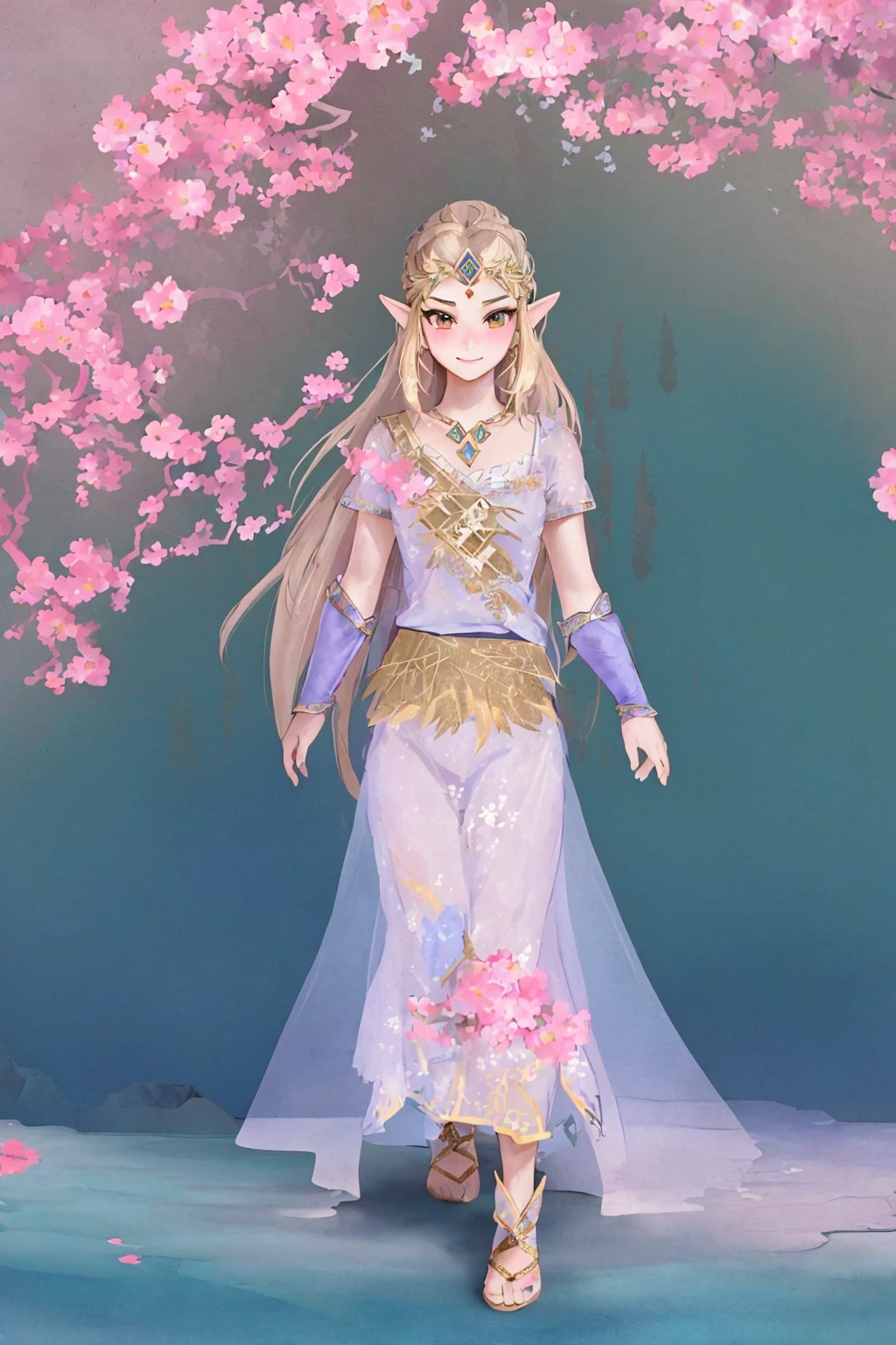 masterpiece, ultra-detailed, best quality, illustration, 8k cg wallpaper, an extremely delicate and beautiful, 1girl, Princess Zelda /(The Legend of Zelda/), solo, perfect anatomy, smiling, blushing, perfect arms, perfect hands, perfect fingers, perfect legs, cute, pretty, beautiful, sexy, perfect body, (background: flowery field, grass, trees, flowers, ruins, intricately detailed items in background), <lora:Tengami:1>