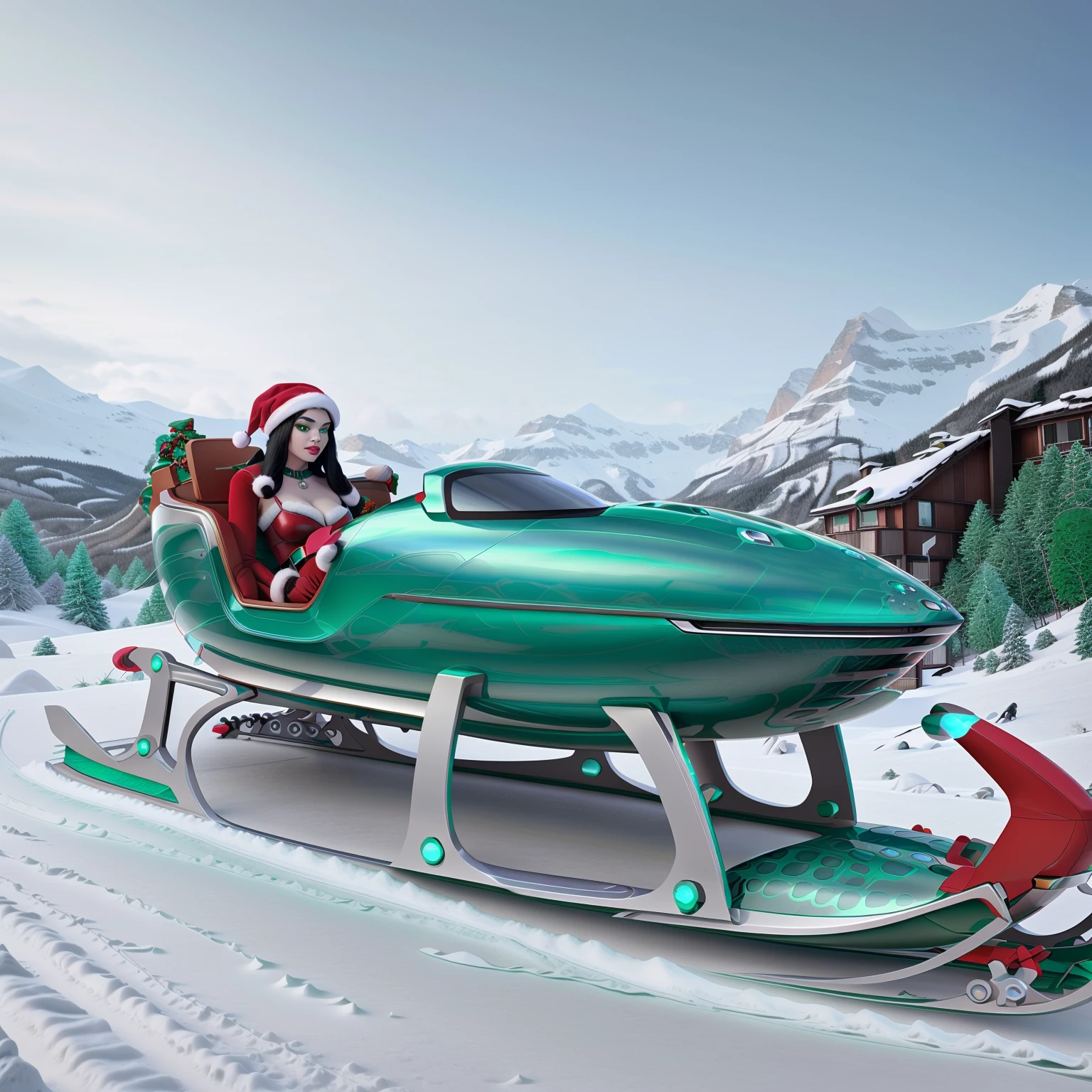 santasride is a futuristic emerald green jaguar sportcar with sleigh skids, (sexy female miss santa) is driving through the snow, side view <lora:Santas_Rides-000011:1>