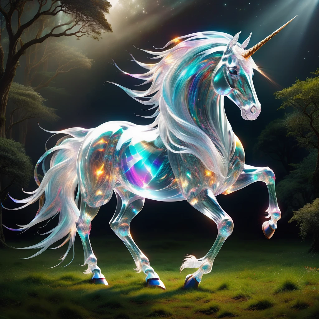 hyper detailed masterpiece, dynamic, awesome quality,DonMSp3ctr4lXL,transluscent unicorn, mythical majestic horse creature, single horn, light colored long slender spiraled horn, elegant noble posture, gentle wise expression, purity, grace, magical, enchanting <lora:DonMSp3ctr4lXL:1>