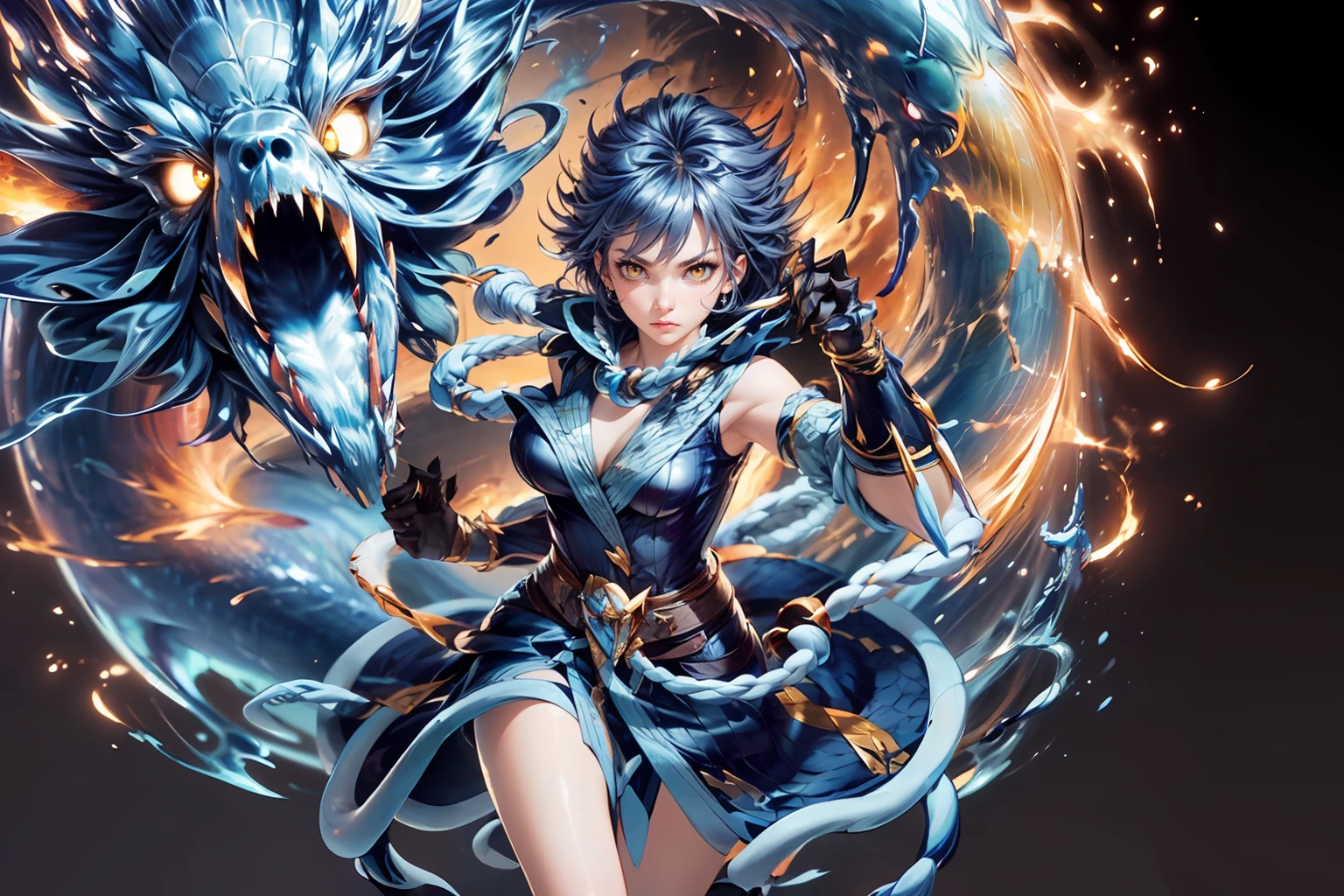 (masterpiece, best quality, official art), 1girl, blue hair, (yellow eyes:1.2), fierce, ragnarok_df, wearing gloves, hands burning, (clenched hands:1.2), <lora:ragnarok_online_df-07:1>, blue dragon behind her, blue flaming dragon, medium shot, looking at viewer, (east asian architecture:1.1), intricate details, dynamic colors, <lora:add_detail:0.7>