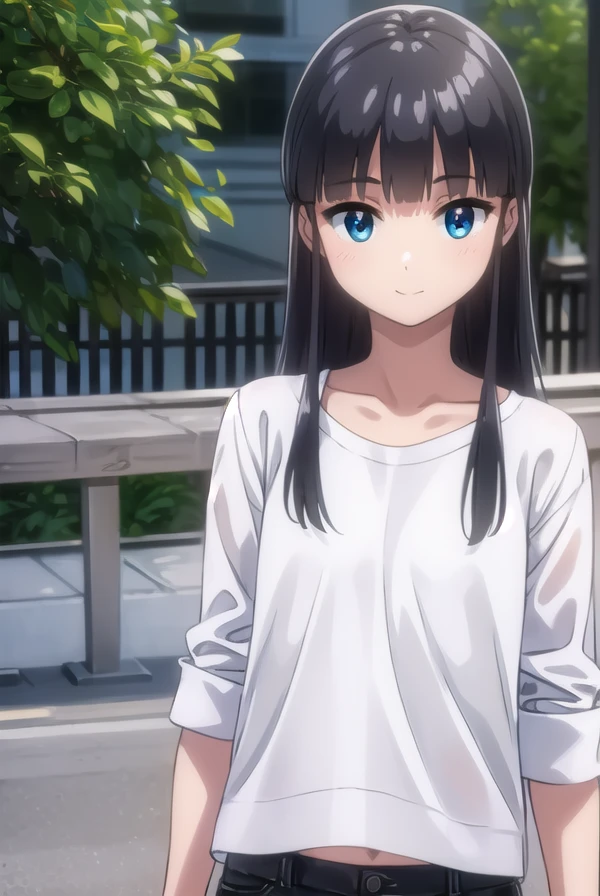 bokunococo, <lora:boku no coco ova-lora-nochekaiser:1>,
coco, long hair, blue eyes, black hair, bangs, blunt bangs, sidelocks, smile,
BREAK shirt, (white shirt:1.5), pants,
BREAK outdoors,
BREAK looking at viewer, (cowboy shot:1.5),
BREAK <lyco:GoodHands-beta2:1>, (masterpiece:1.2), best quality, high resolution, unity 8k wallpaper, (illustration:0.8), (beautiful detailed eyes:1.6), extremely detailed face, perfect lighting, extremely detailed CG, (perfect hands, perfect anatomy),