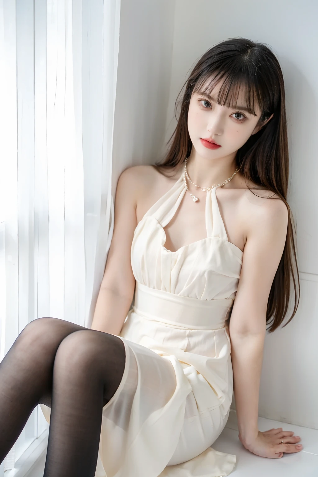1girl, black formal long dress,pantyhose,white background, <lora:nrmm:0.8>