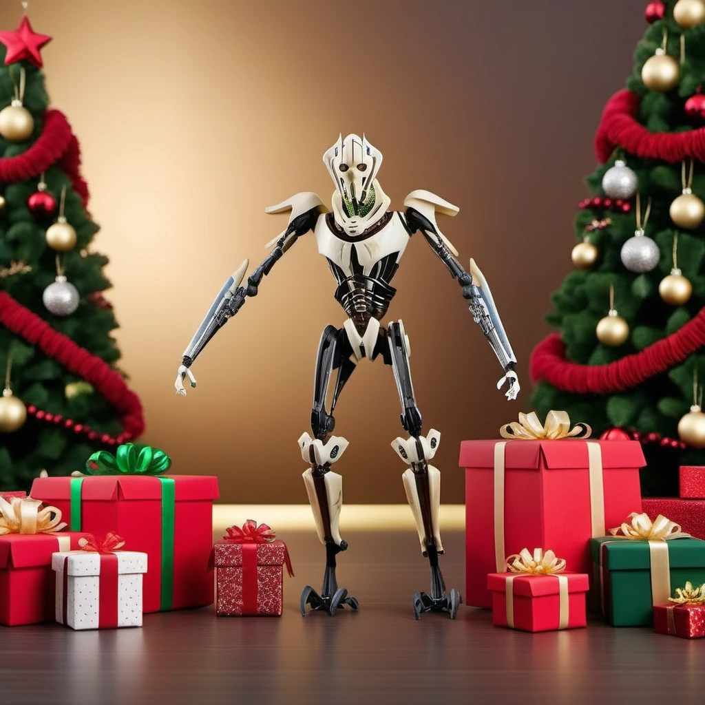 GeneralGrievous1024, a robot with four arms holding gifts, full body, christmas scenery, garlands, gifts, christmas tree, features intricate detail, detailed eyes, highly detailed, photography, ultra sharp, film, bokeh, professional, 4k <lora:GeneralGrievous1024:0.8>