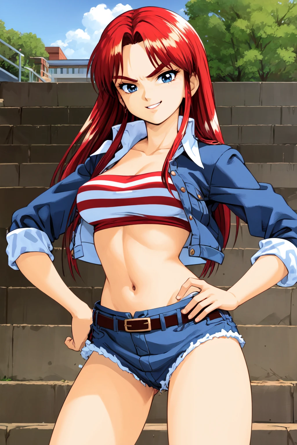 yukaii, 1girl, solo, jacket, sleeves rolled up, tube top, striped, belt, short shorts, cutoffs, midriff, retro artstyle, 1990s (style), smile, smug, stairs, hand on hip,  <lora:yukaii_V2-11:0.7>
