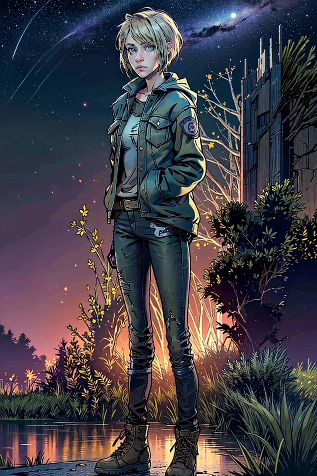 1girl, blonde hair, closed mouth, denim jacket, green eyes, jacket, looking at viewer, purple shoe laces, realistic, solo, violettwd, short over long sleeves, green eyes, beautiful eyes, masterpiece, high res, <lora:VioletV1.4:0.8>, sky full of stars, crescent moon, standing