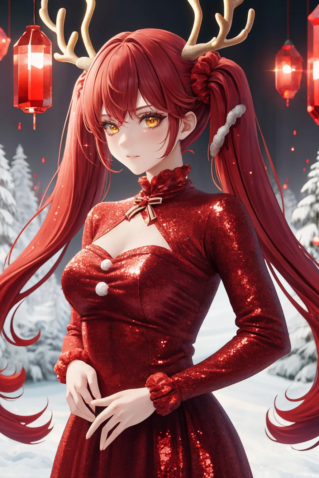 masterpiece, best quality, <lora:redglitter-style-richy-v1:1> redglitterstyle, 1girl, solo, standing, reindeer antlers, upper body, red dress, long sleeves, red hair, twintails, very long hair, hair scrunchie, yellow eyes