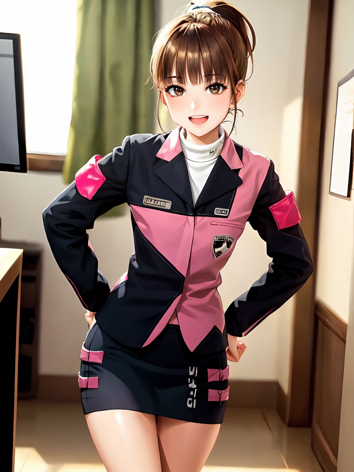 ((masterpiece,best quality)) (extremely detailed CG), (raytracing) (best quality), perfect face, shiny skin, lustrous skin, , depth of field,wide hips, narrow waist,  <lora:Umeko-10:0.8>umeko, brown hair, skirt, ponytail, jacket, boots, pencil skirt, uniform, brown eyes, long sleeves, short hair, black footwear, star (symbol), blush, bangs, armband,indoors,hands on hips, :D