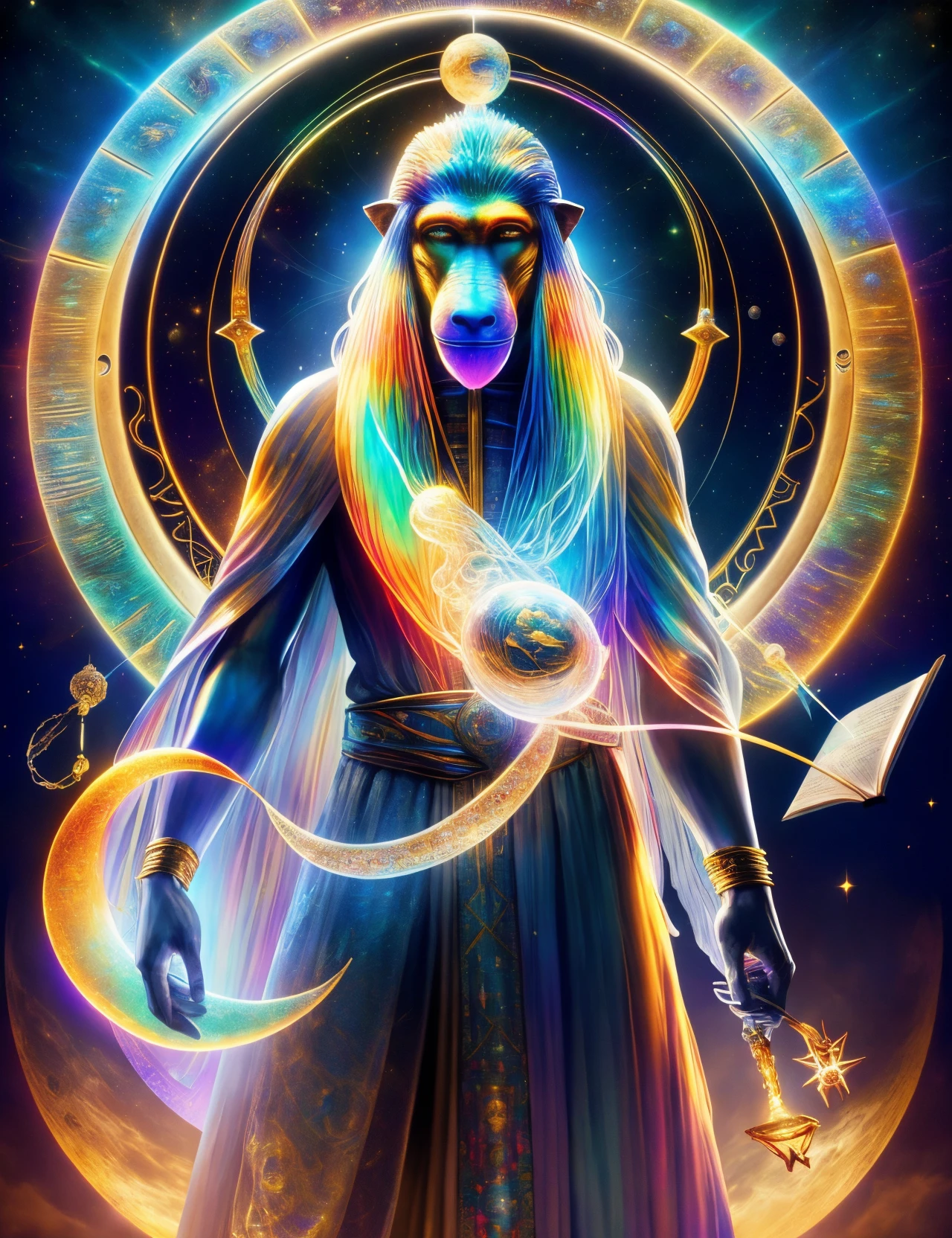 hyper detailed masterpiece, dynamic, awesome quality,DonMSp3ctr4l,vibrant spectral,thoth, god of writing, knowledge, magic, depicted as a man with the head of an baboon, keeper of divine knowledge, associated with the moon and reckoning of time, revered as a wise counselor and magician, guardian of sacred texts
<lora:DonMSp3ctr4l-000008:0.8>