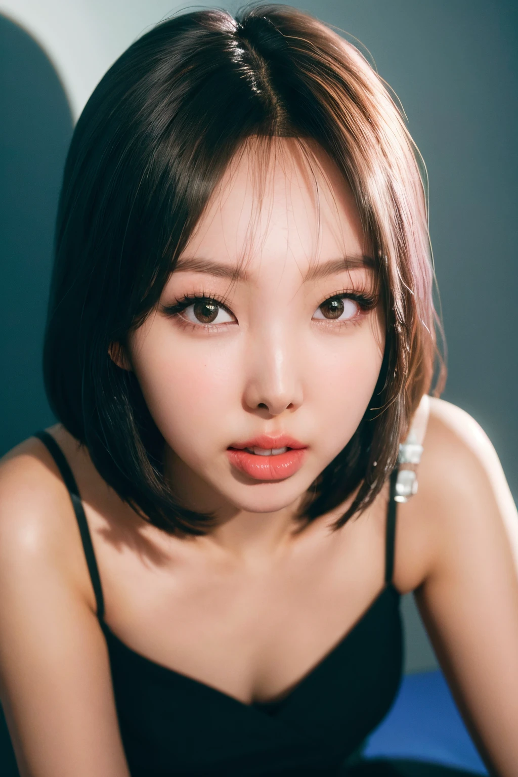 Highly detailed CG Unity 8k wallpaper, top quality, super detailed, masterpiece, 1. Beautiful girl in night club, close up of face, looking directly in camera, realistic, photorealistic, highly detailed cute girl, 20 years old, ((black hair: 1.4)), ((dyed black)), (gal), round eyes, a detailed face, Studio light, Professional lighting, (beautifully detailed eyelush, parted lips, semi-body shot, (nice dress for night club), ,short hair,