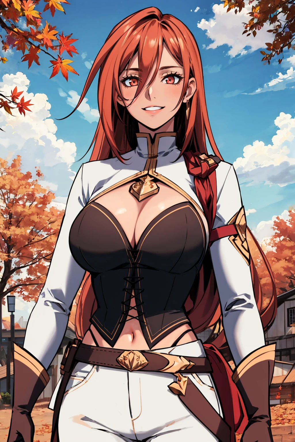 masterpiece, best quality, 1girl, solo <lora:jishuka-nvwls-v1-000008:0.8> jishuka, hair between eyes, white jacket, long sleeves, cleavage cutout, bodice, white pants, black belt, brown gloves, standing, looking at viewer, smile, large breasts, sky, clouds, village, autumn, upper body